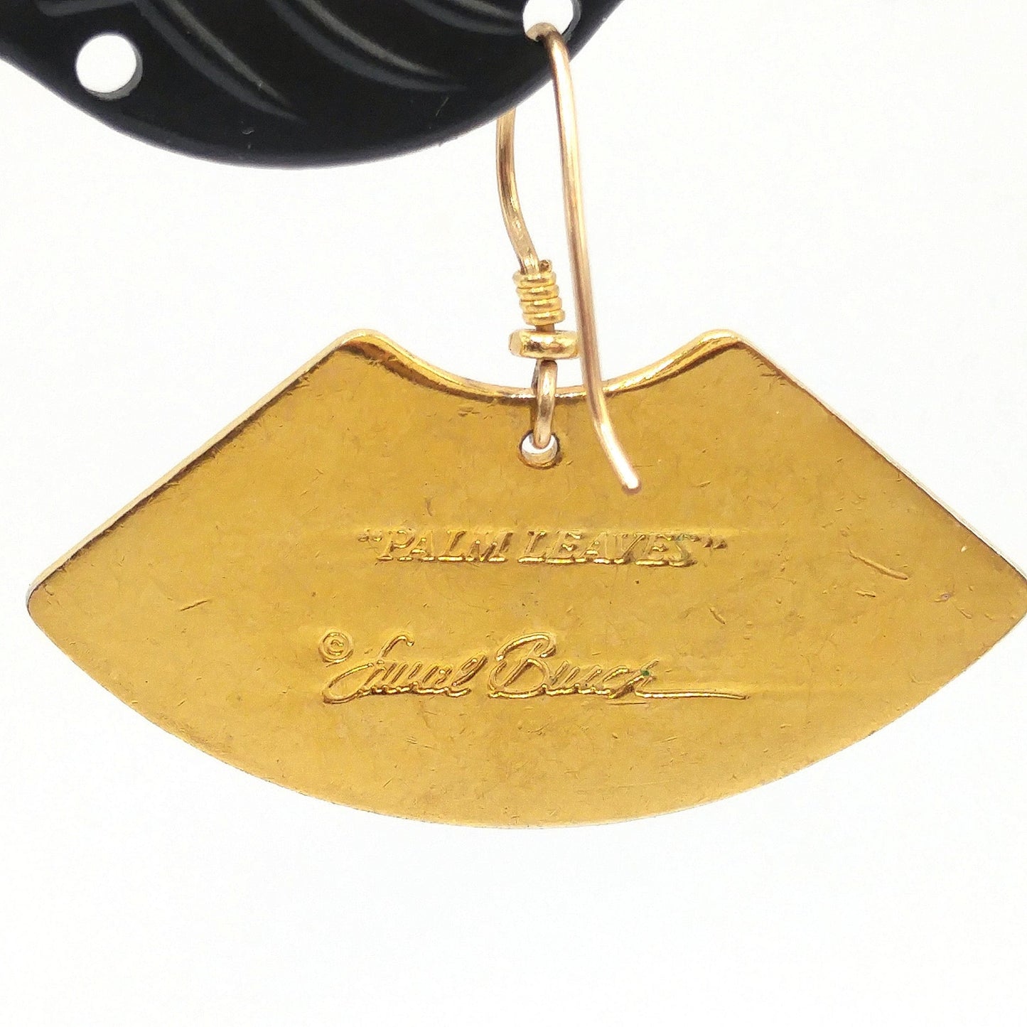 Laurel Burch "Palm Leaves" Earrings, Red Black Enamel, Gold Plated, 1980s Vintage Jewelry