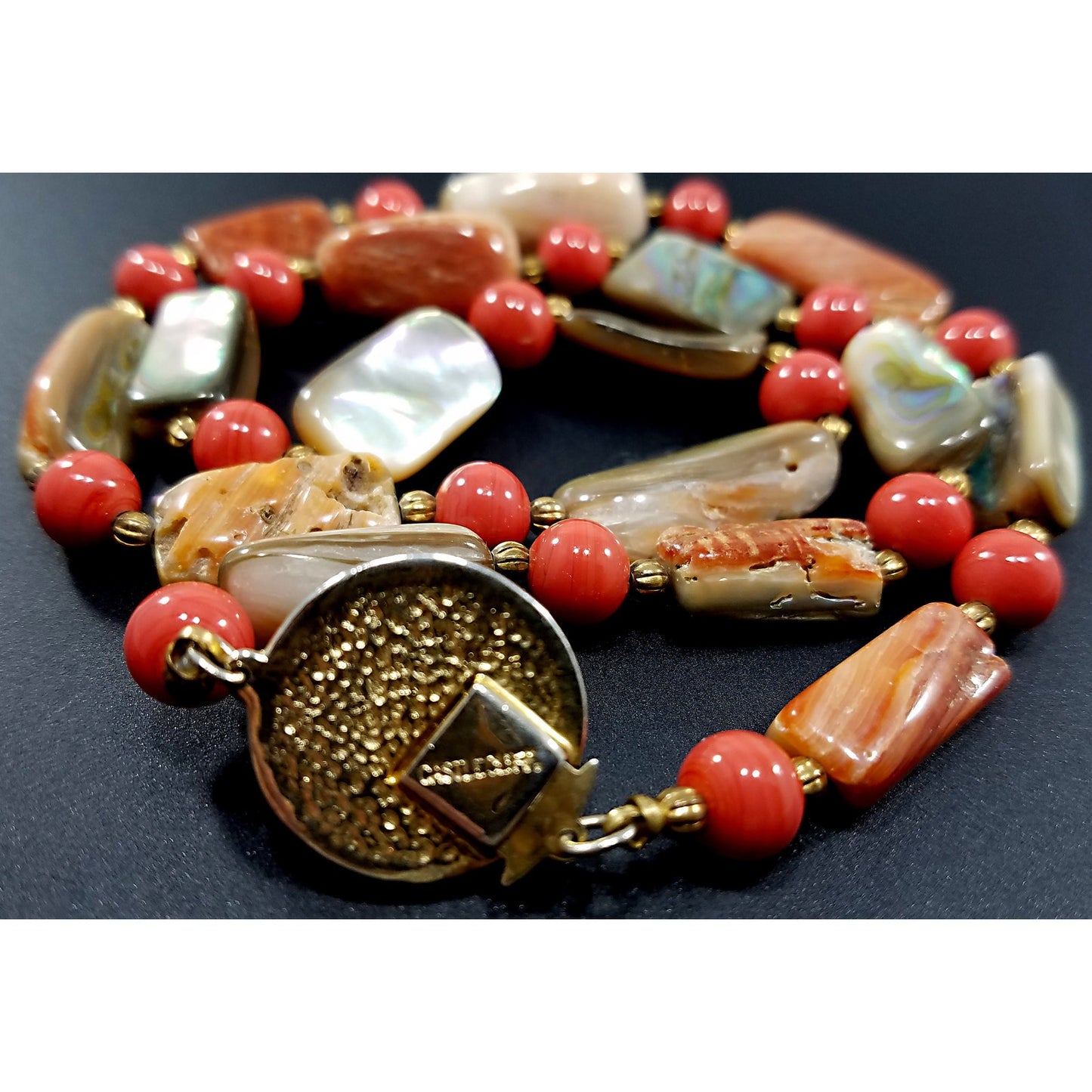 Castlecliff Abalone Beaded Necklace, Orange Glass Beads, Gold Plated Abalone Clasp, 1960s Vintage Jewelry