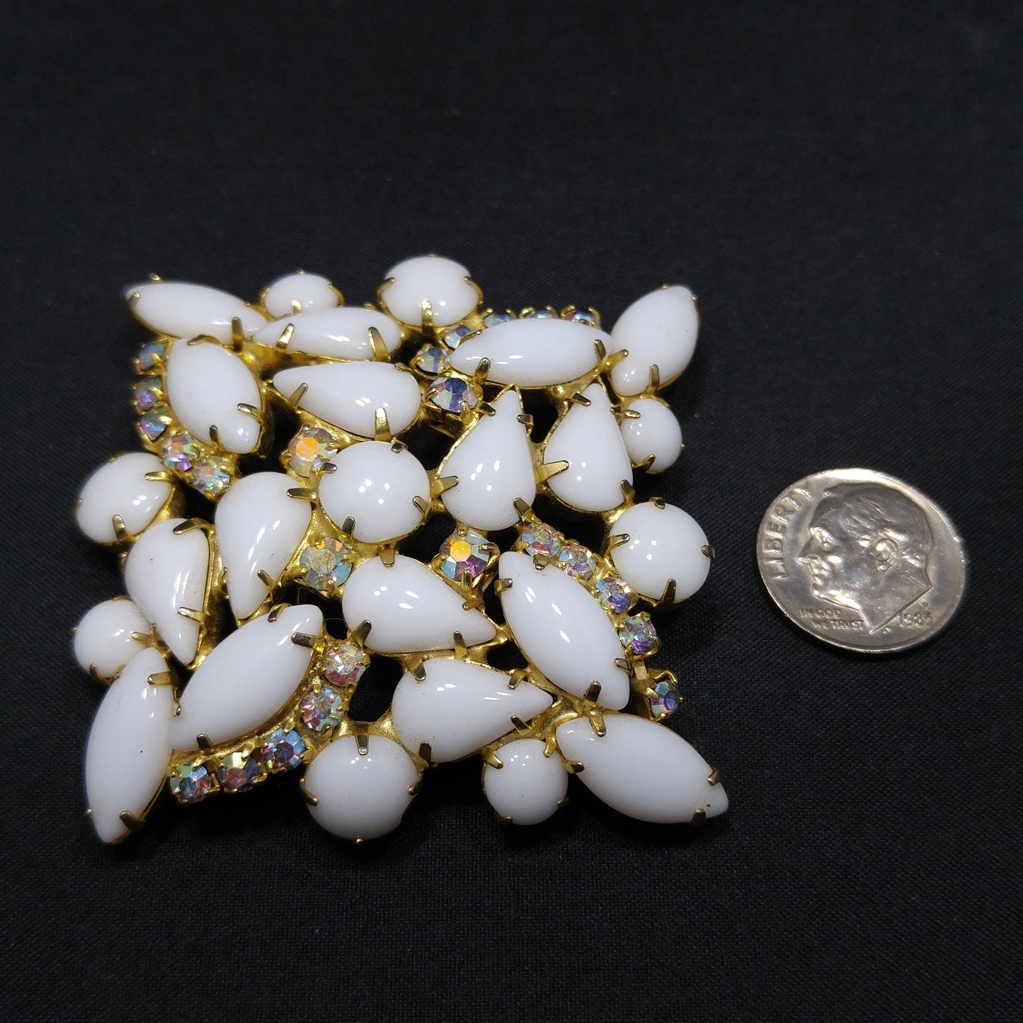 White Milk Glass AB Rhinestones Brooch, Aurora Borealis, Gold Plated, 1960s Vintage Jewelry