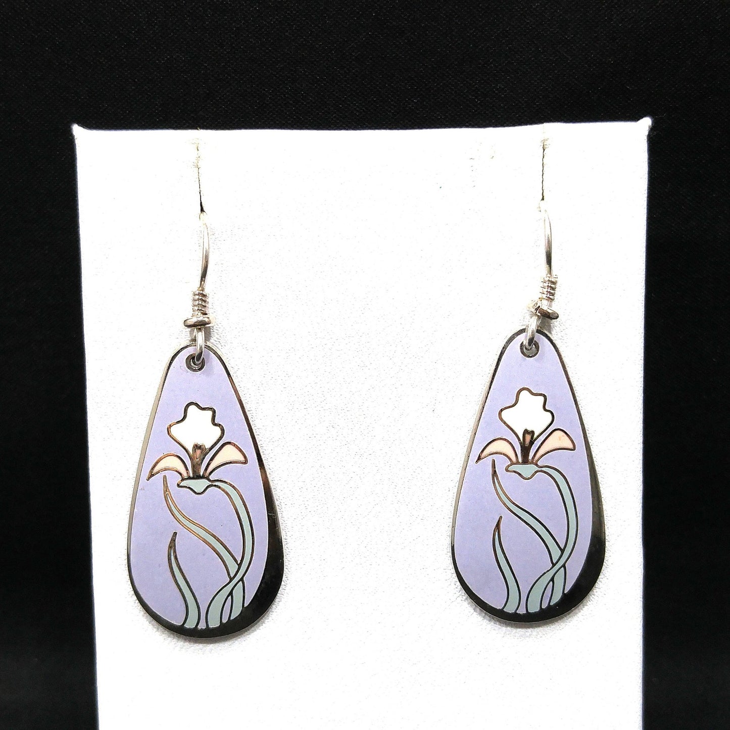 Laurel Burch "Wild Iris" Cloisonne Earrings, Lavender Enamel, White & Pink Flower, Rhodium Plate, 1980s Vintage Jewelry
