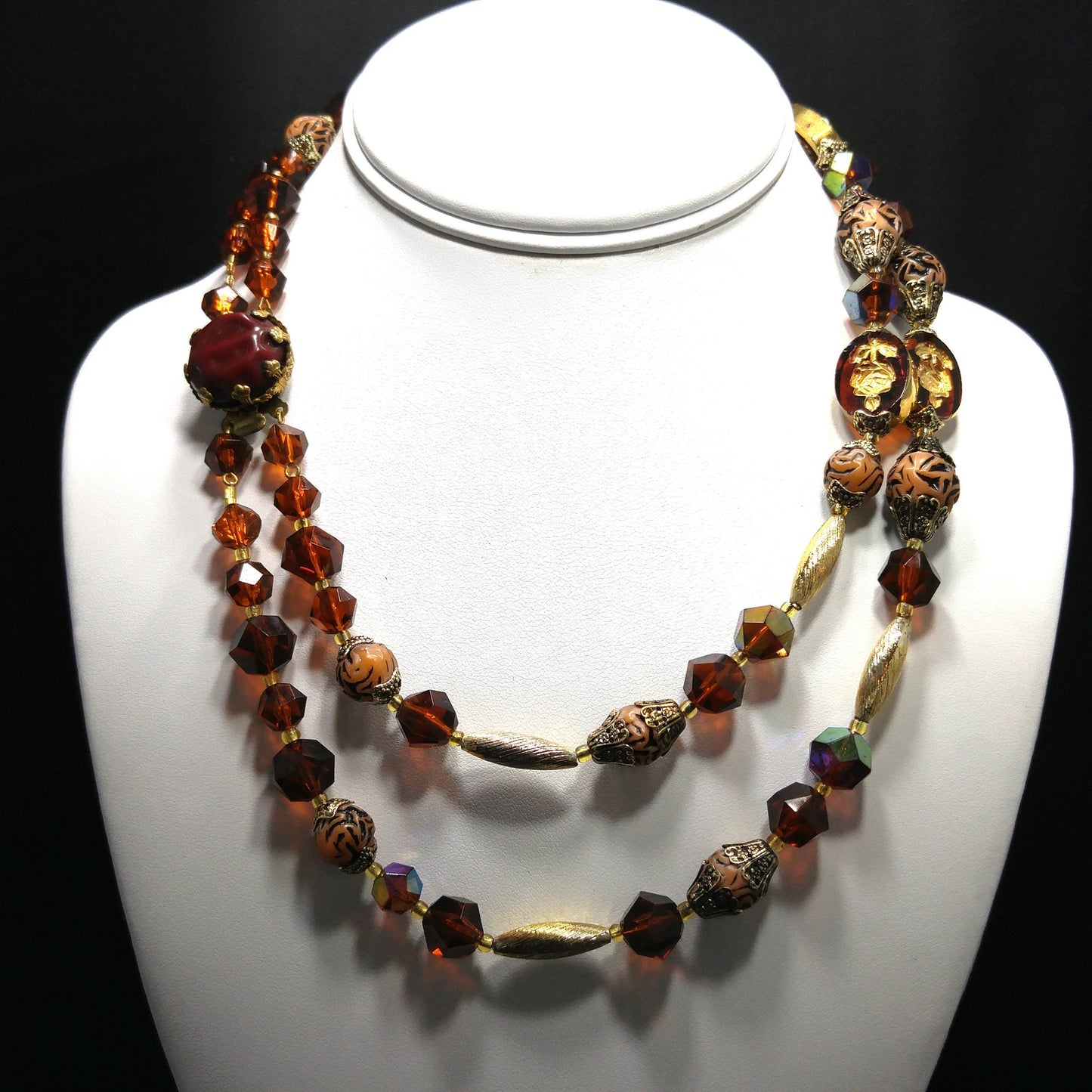 Western Germany Art Bead Floral Necklace, Two Strands, Button Box Clasp, 1950s Vintage Jewelry