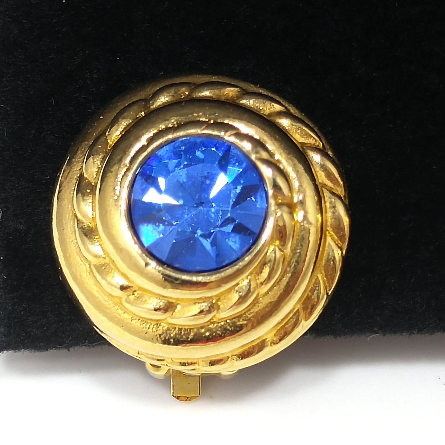 Swarovski Blue Crystal Clip Earrings, Gold Plated Round, 1990s Vintage