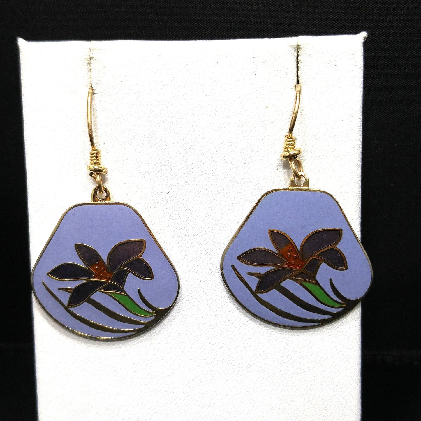 Vintage Laurel Burch Purple Lily Earrings, Cloisonne Enamel, Gold Plated