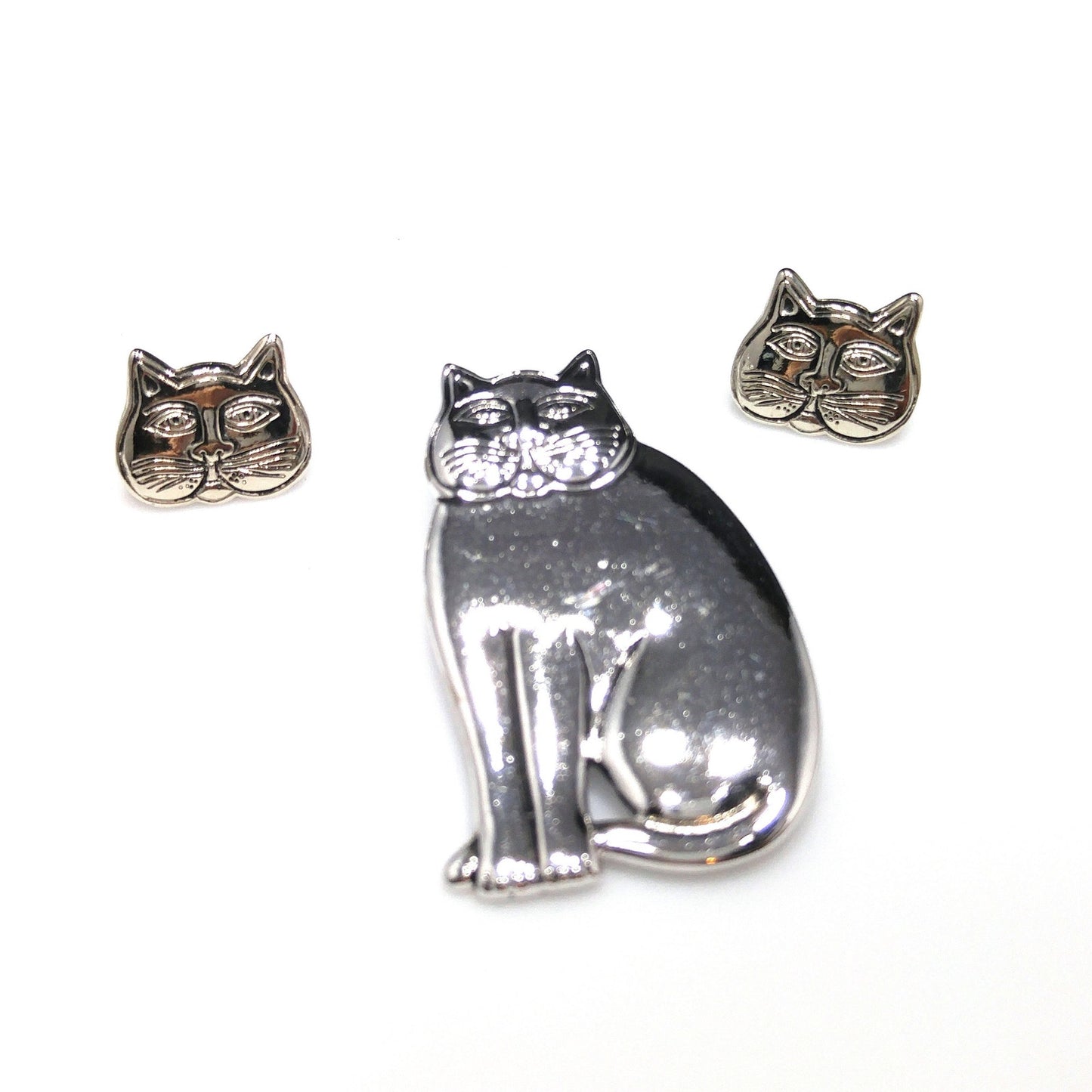 Laurel Burch Cat Brooch & Earrings, Rhodium Plated, 1980s Vintage Jewelry