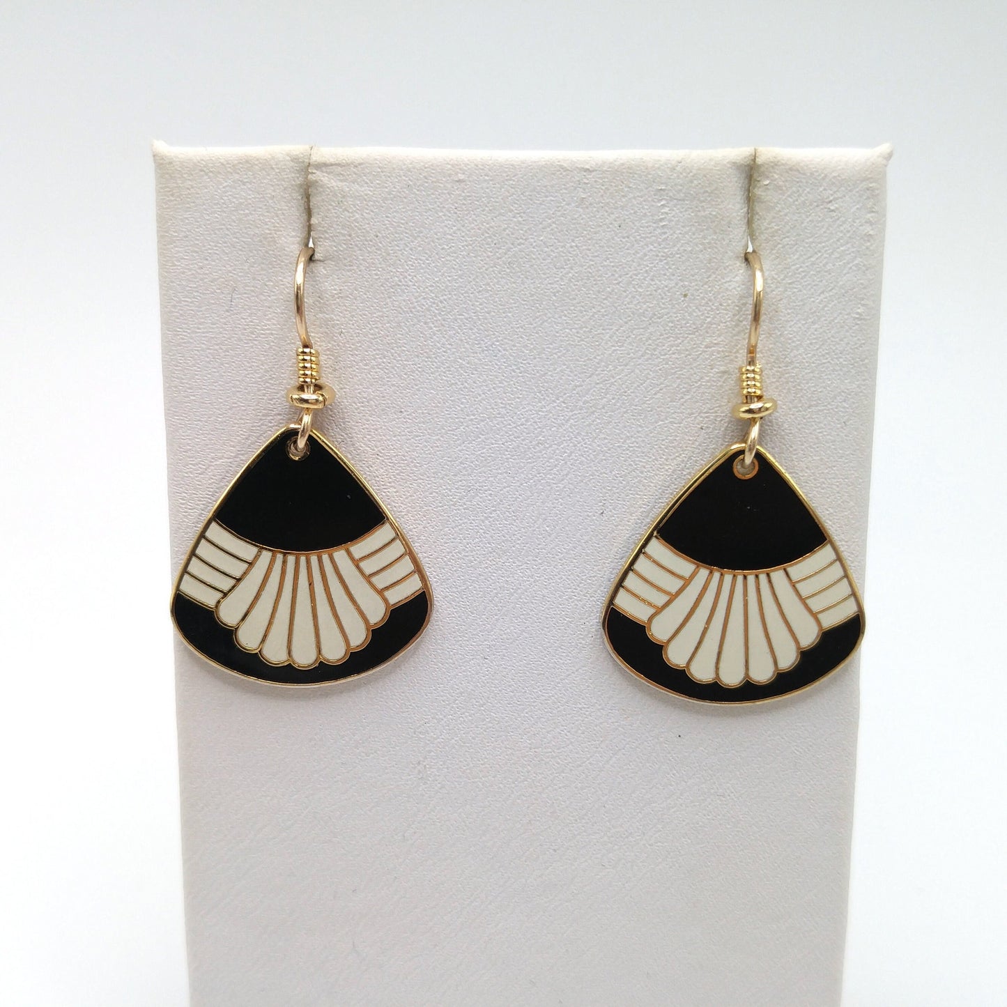 Vintage Laurel Burch "Waterfall" Drop Earrings, Black White Enamel, Gold Plated