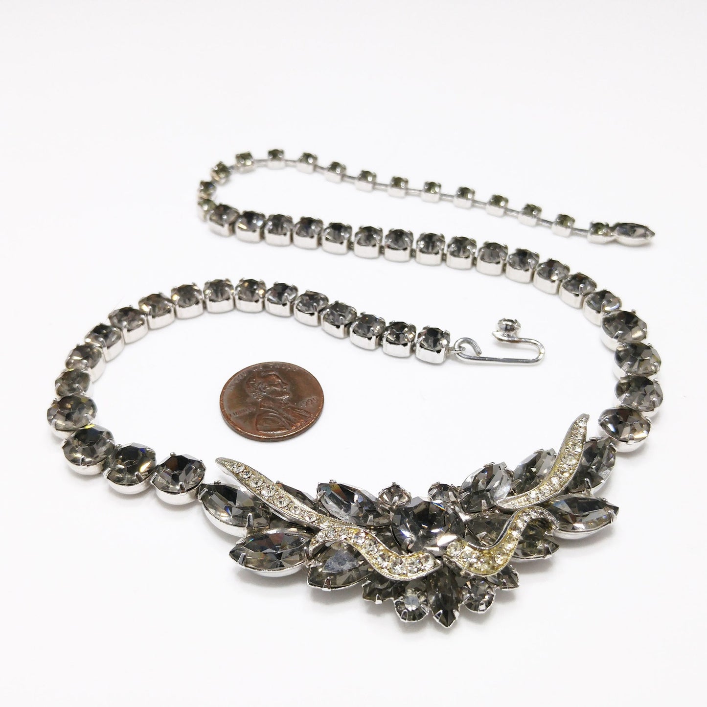 Vintage Weiss Black Diamond Rhinestone Necklace, Rhodium Plated, 1960s