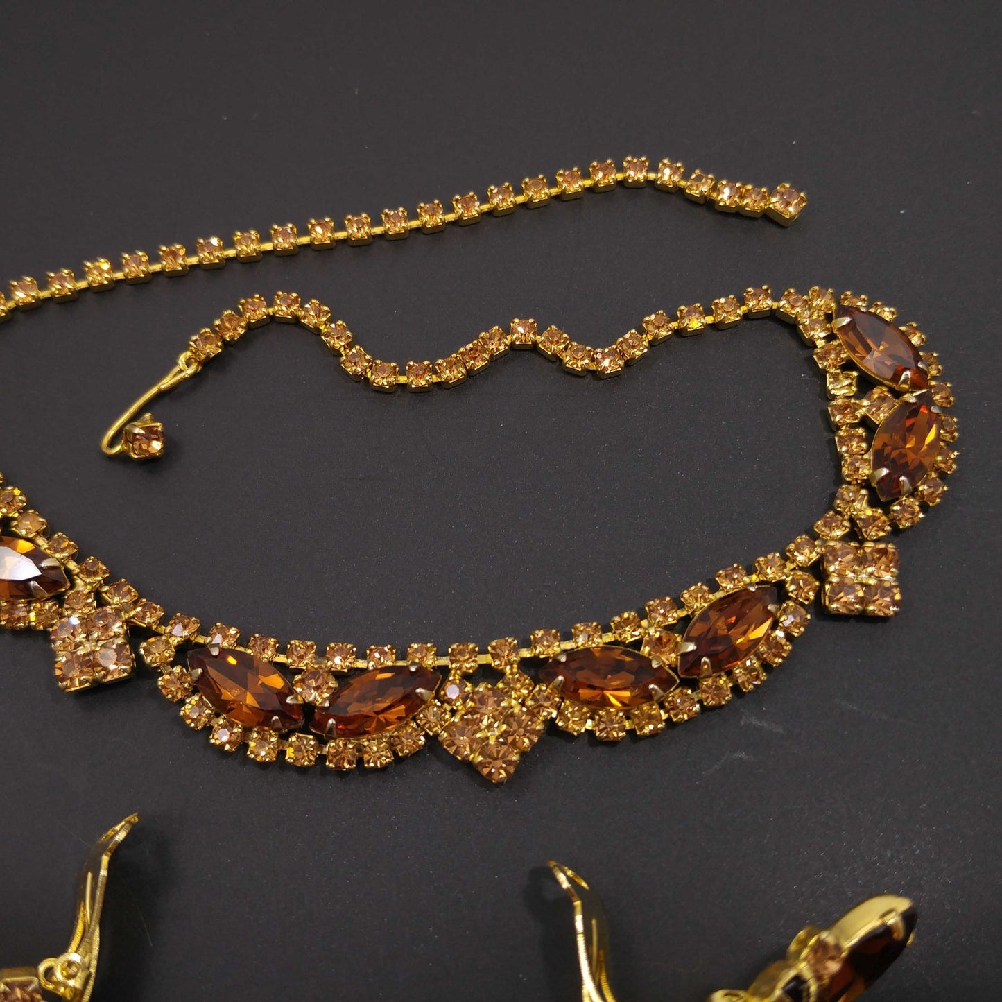 Vintage Rhinestone Jewelry Set: Necklace Bracelet Earrings, 1960s