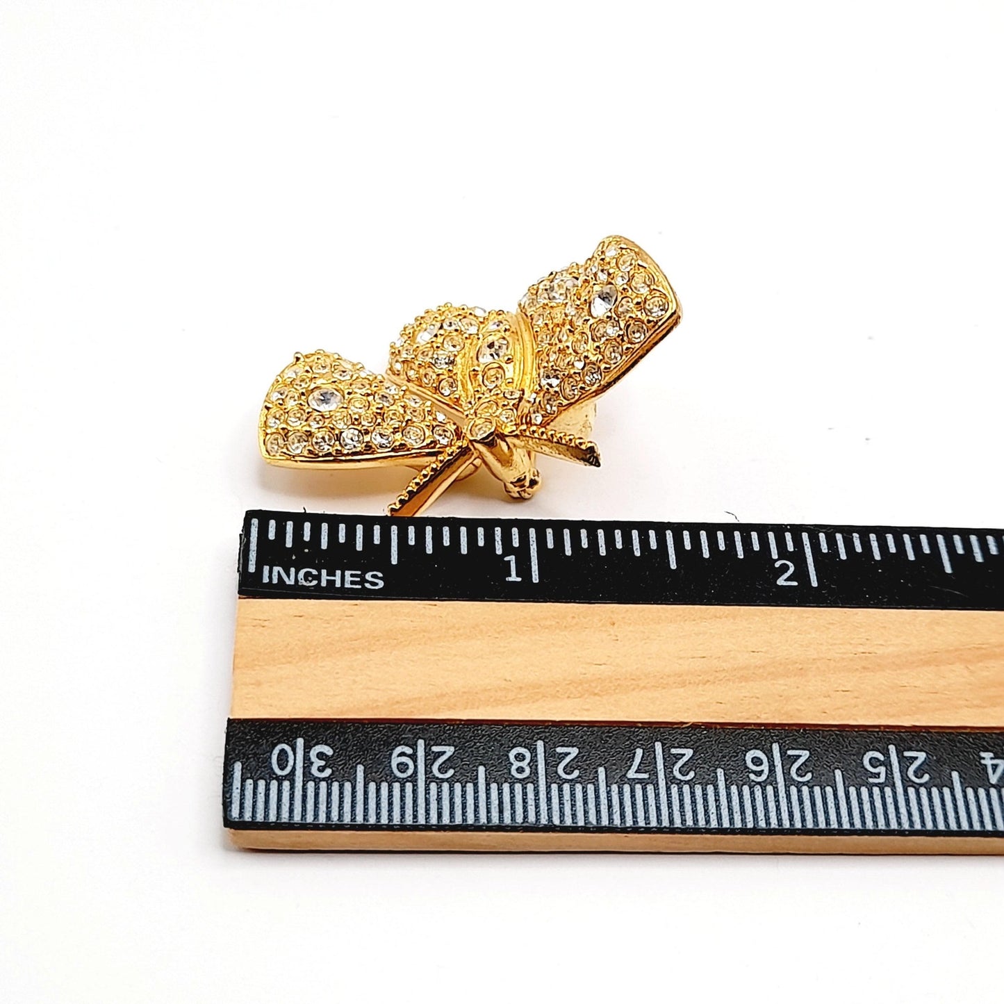 Vintage Joan Rivers Trembler Butterfly Brooch – Gold Plated Rhinestone Moth Pin – Designer Signed