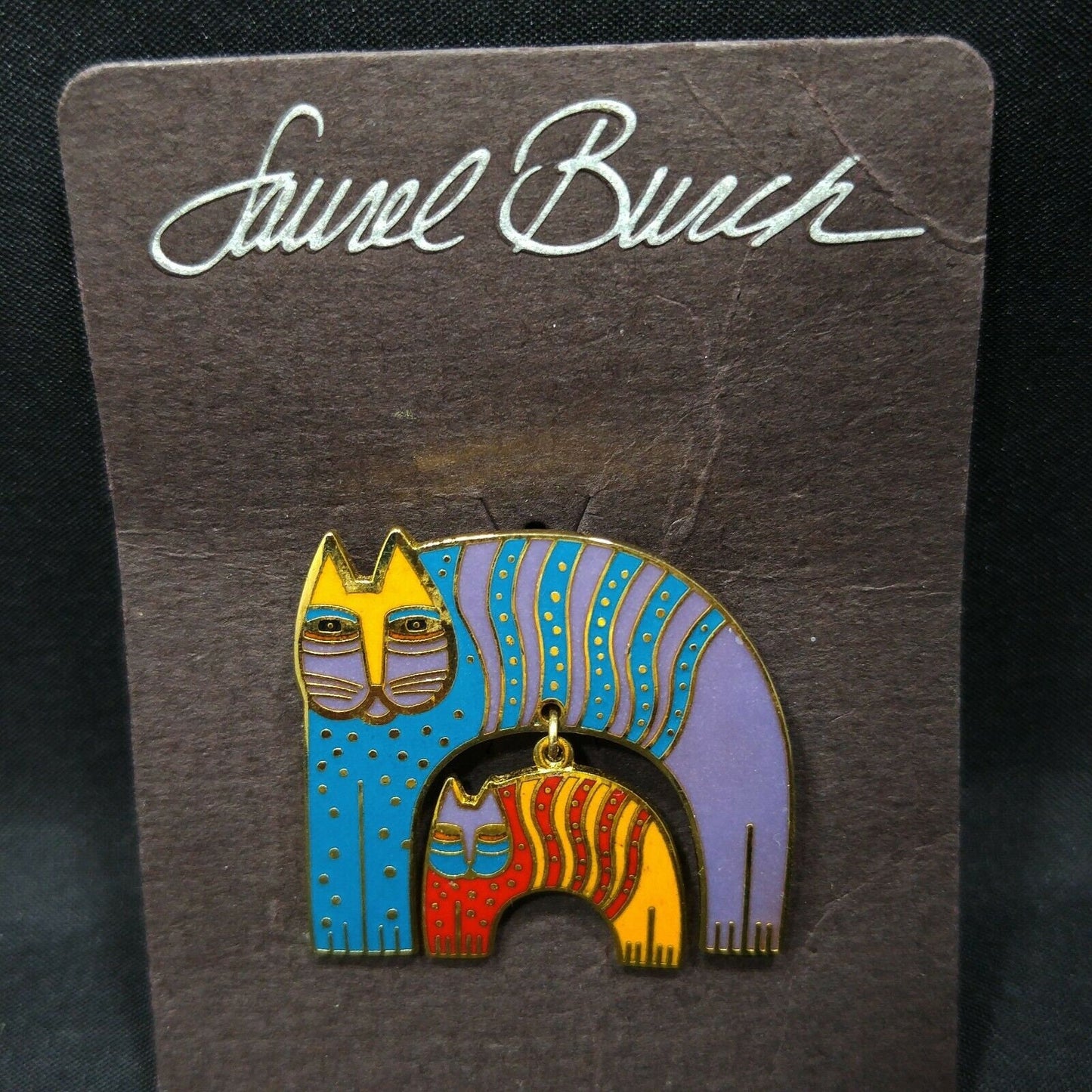 Laurel Burch Mr Jios Cat Vintage Brooch, Cloisonne Gold Plated 1980s