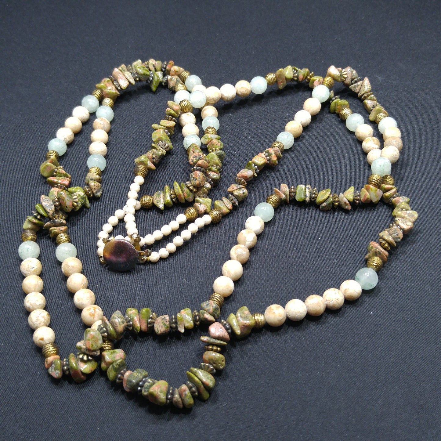 Gemstone Two Strand Beaded Necklace, Jade, Rhyolite and Quartz, 1980s Vintage Jewelry