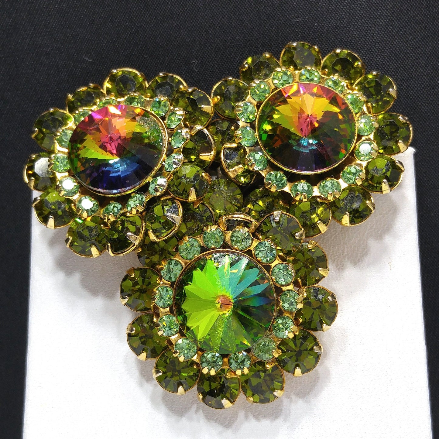 Green Watermelon Rivoli Rhinestone Brooch, Uranium Glass Rhinestones, 1960s Vintage Jewelry