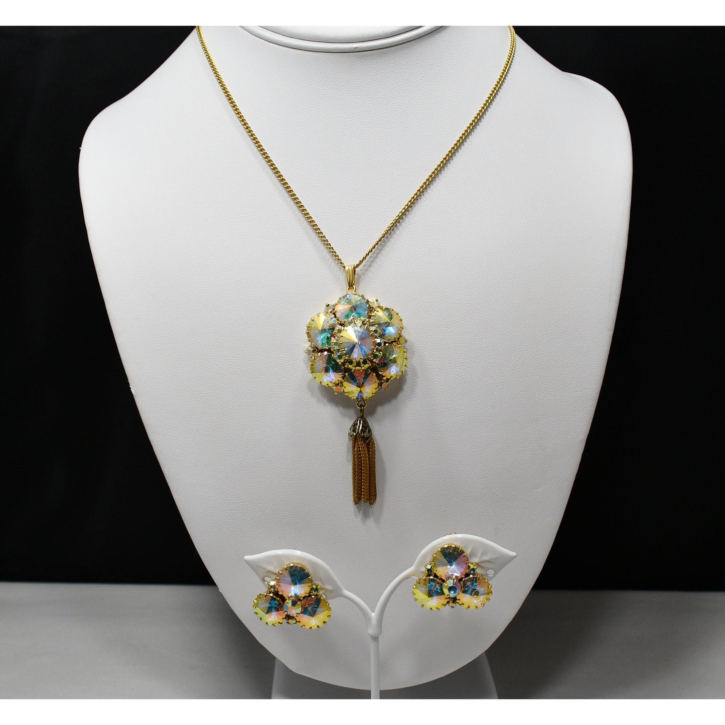 Vintage Rivoli Pendant & Earrings, Aurora Borealis Rhinestones, 1960s Vintage Jewelry