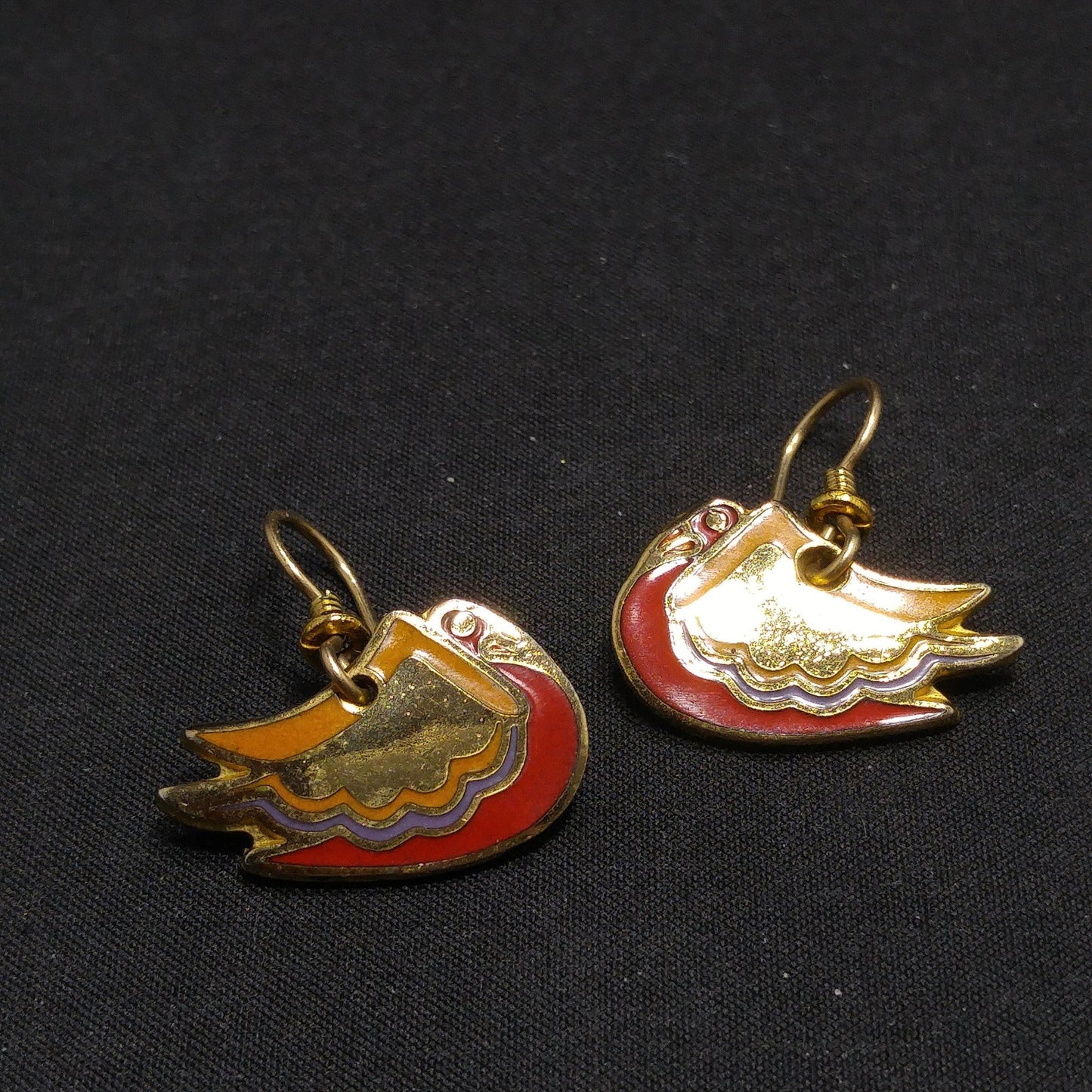 Laurel Burch "Wild Swan" Bird Earrings, Gold Plated, Enamel Cloisonne, 1980s