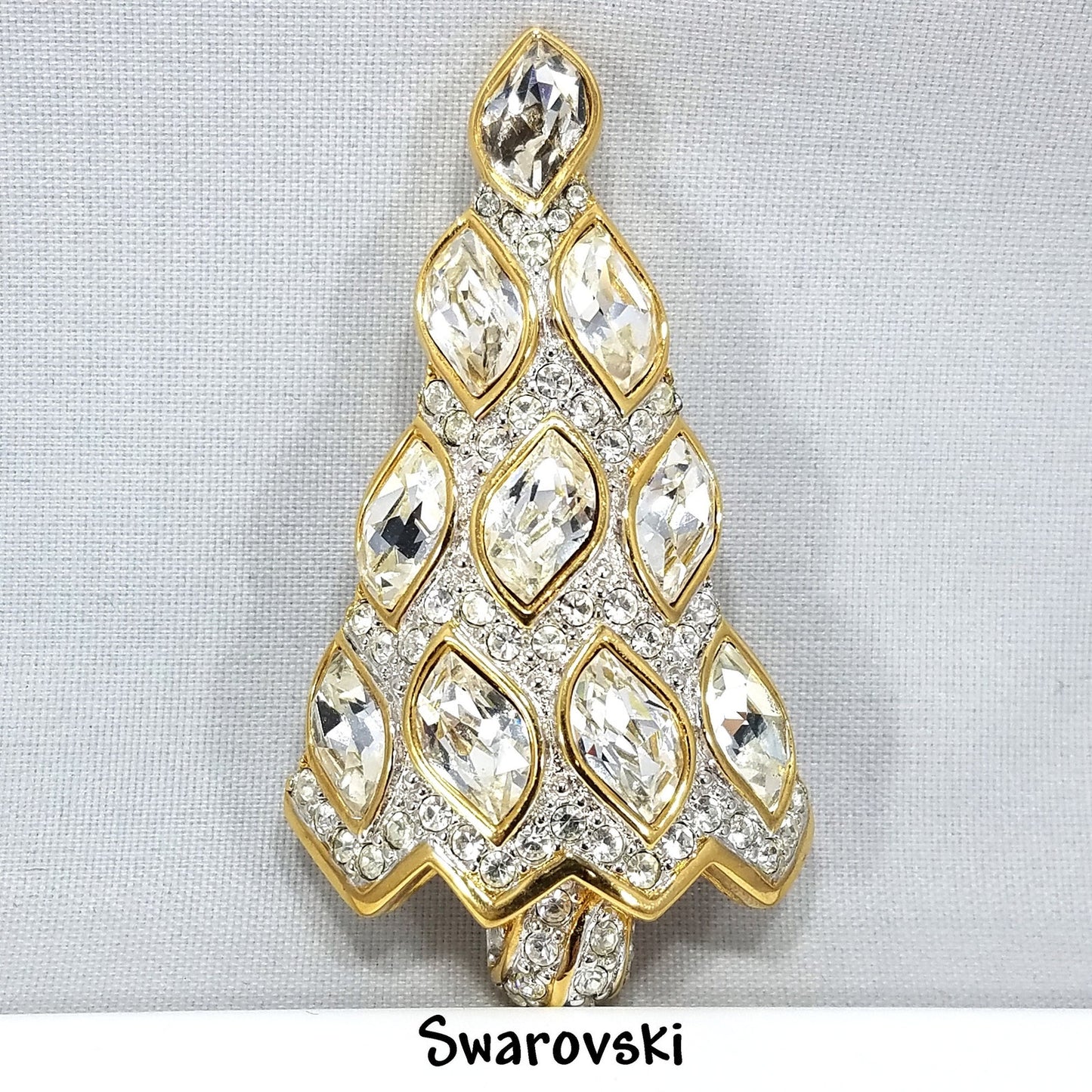 Swarovski Christmas Tree Brooch, 1996 Collectible, Skewed Navette Rhinestones, Vintage Jewelry