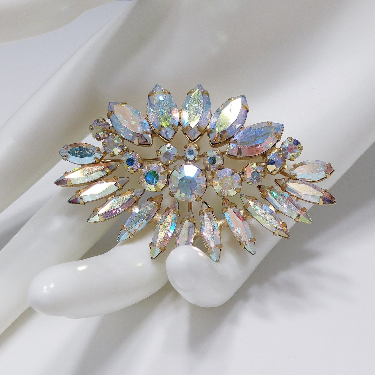 Clear Aurora Borealis Floral Brooch, Wedding Bridal Bouquet, 1960s Vintage Jewelry