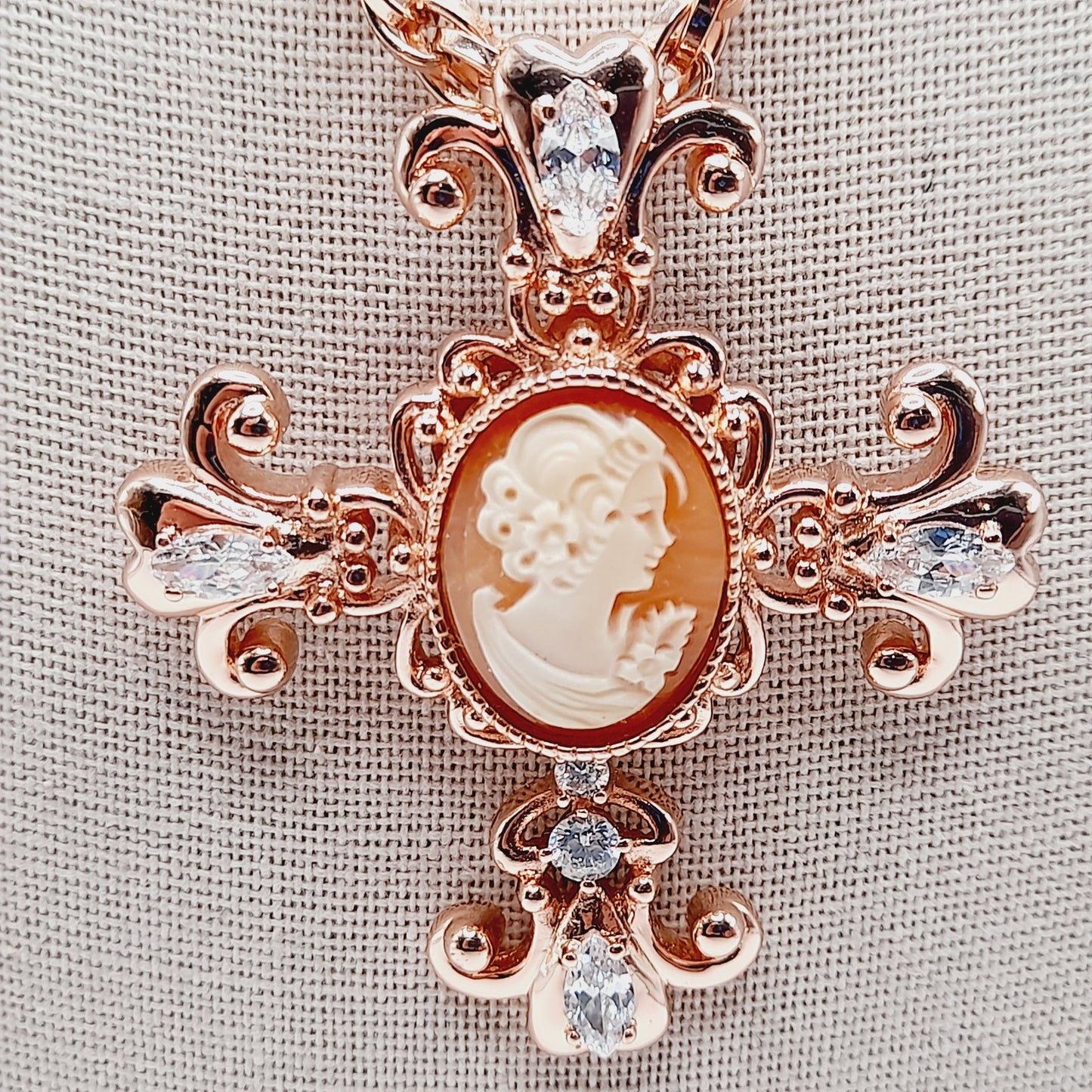 Amedeo Rose Gold Cameo Cross Pendant Necklace with Rhinestones, 18 Inches