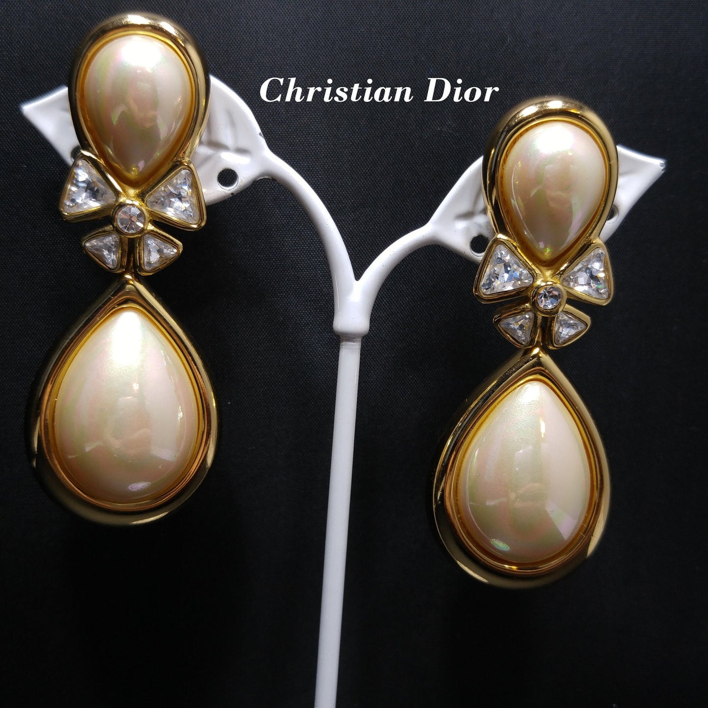 Vintage Christian Dior Pearl Drop Earrings Gold Rhinestone Bow 1980s