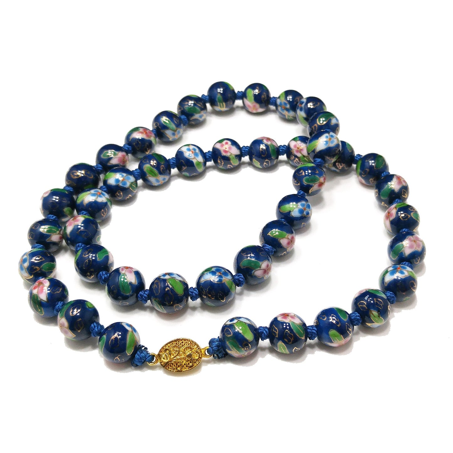Vintage Chinese Hand Knotted Beaded Necklace, Blue Hand Painted Floral Beads, 1960s Vintage Jewelry