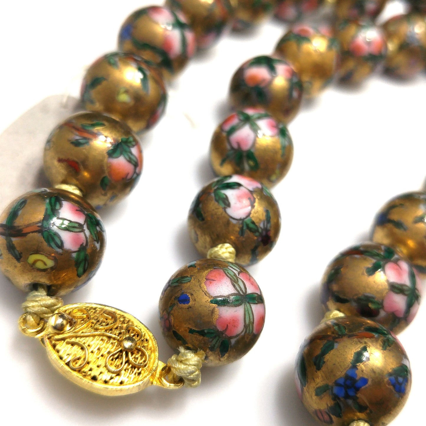 Vintage Chinese Beaded Necklace, Hand Painted & Knotted Floral Beads, 1940s Vintage Jewelry