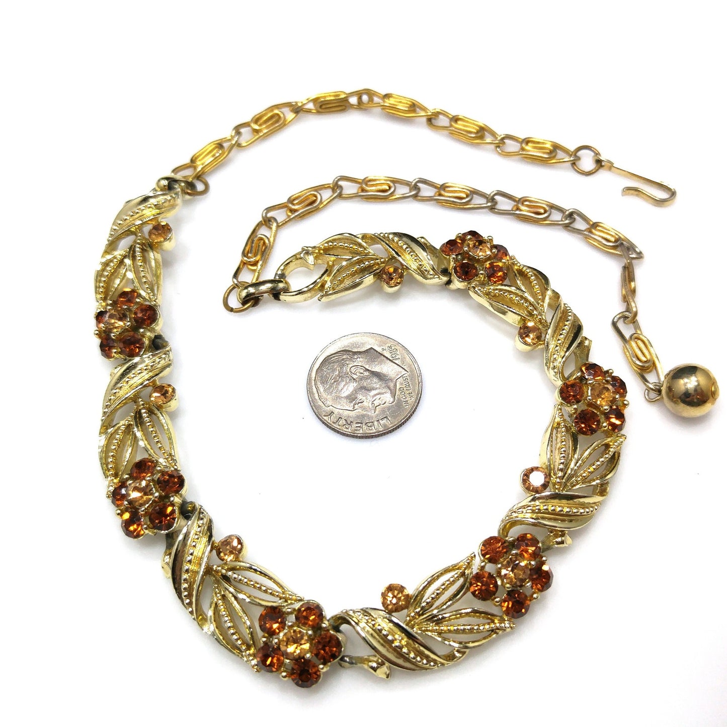 Lisner Topaz Rhinestone Floral Choker Necklace, Gold Plated, 1950s Vintage Jewelry