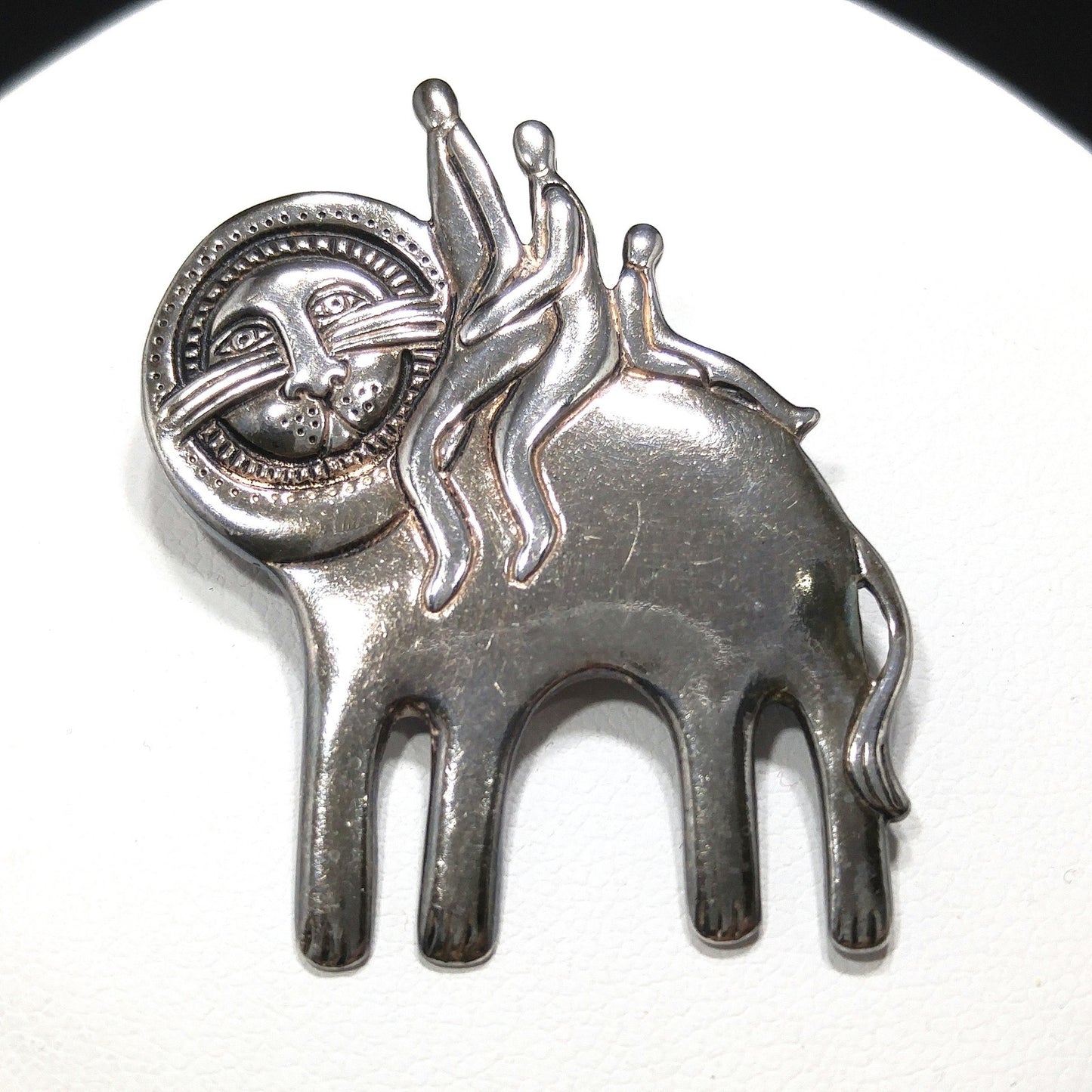 Vintage Laurel Burch Family Large Cat Pendant Brooch, Silver Tone Gold Plated