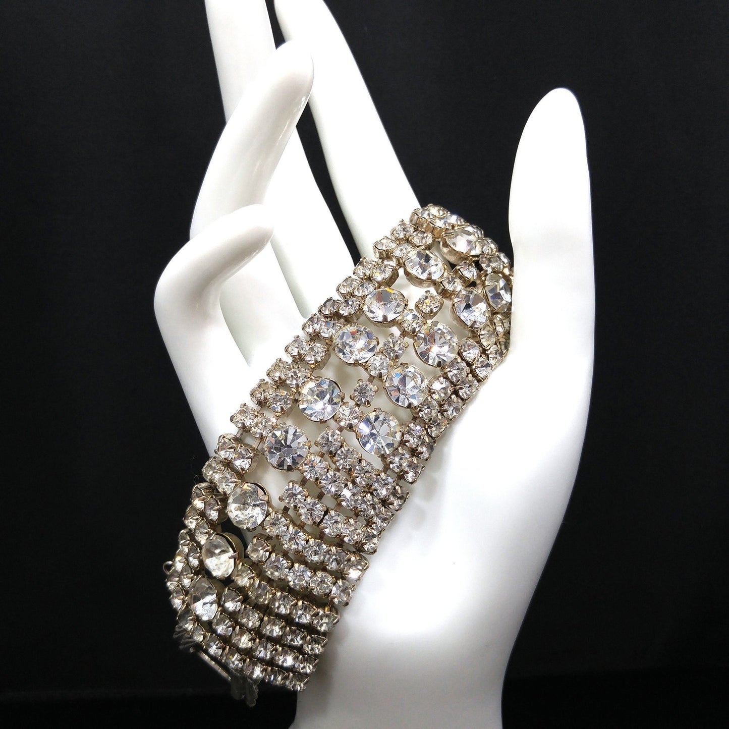 Mid Century Clear Rhinestone Wide Bracelet, 22K Gold Plate, 1950s Vintage Jewelry