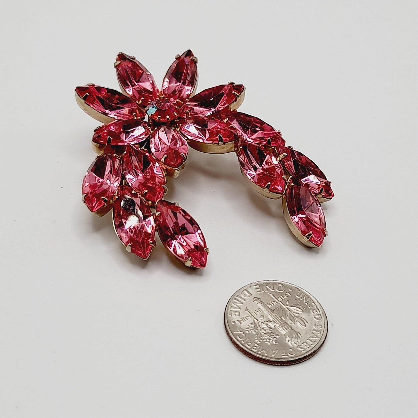 Vintage Pink Rhinestone Floral Brooch, Marquise Stones, 1950s Jewelry