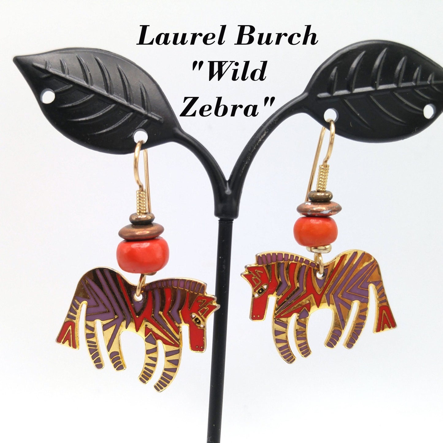 Laurel Burch "Wild Zebra" Earrings, Red Lavender Enamel, Gold Plated, 1980s Vintage Jewelry
