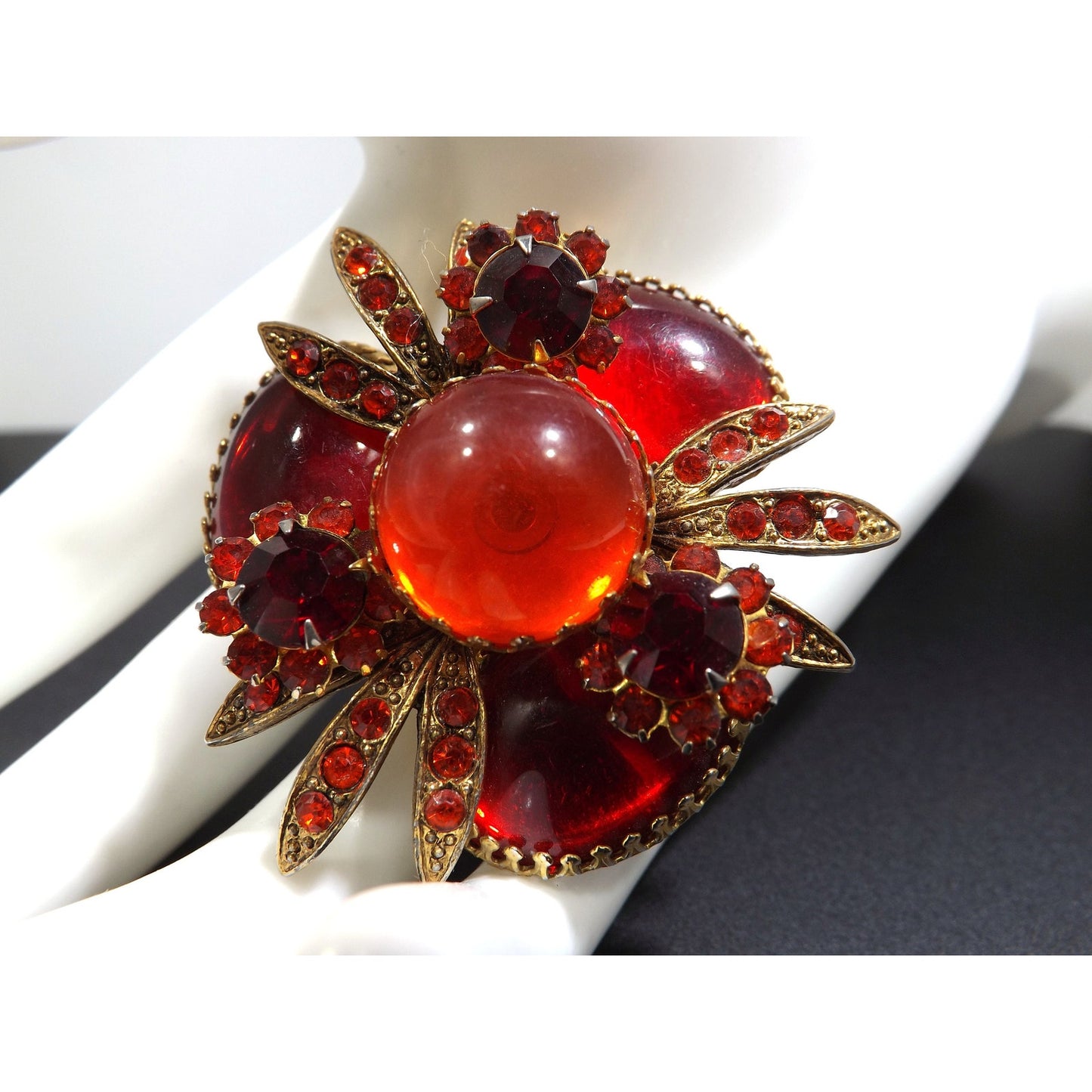Red Rhinestone Orange Cabs Designer Brooch, Dog Tooth Cabochons, 1960s Vintage Jewelry
