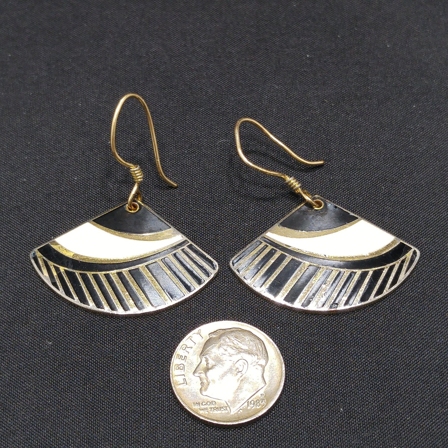 Vintage Laurel Burch Black White Gold Fan Drop Earrings, Gold Plated Enamel