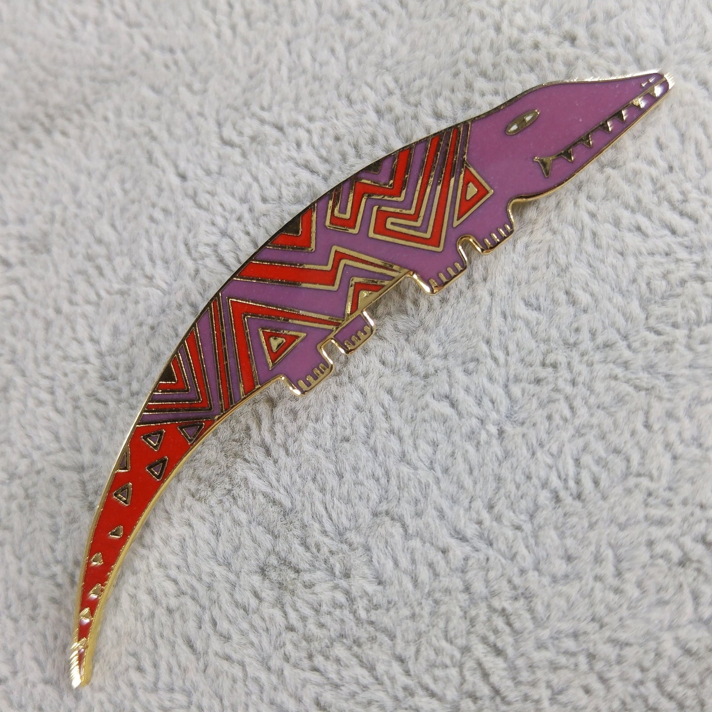 Laurel Burch "Aleucian Alligator" Brooch, Gold Plated Cloisonné Red Purple Enamel, 1980s Vintage Jewelry