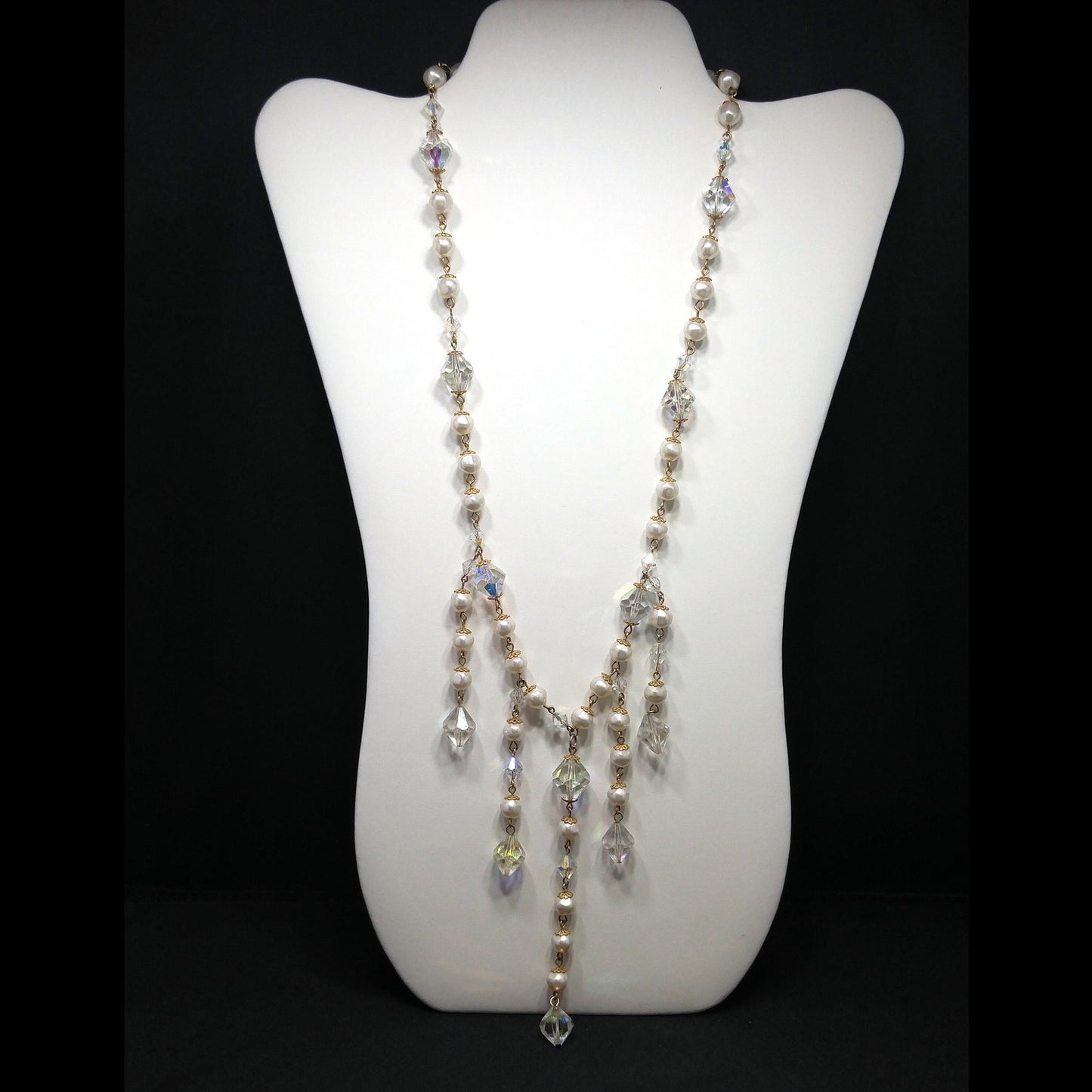 Vintage Crystal Faux Pearl Dangle Necklace, Large Aurora Borealis Crystal Beads, Vintage Jewelry