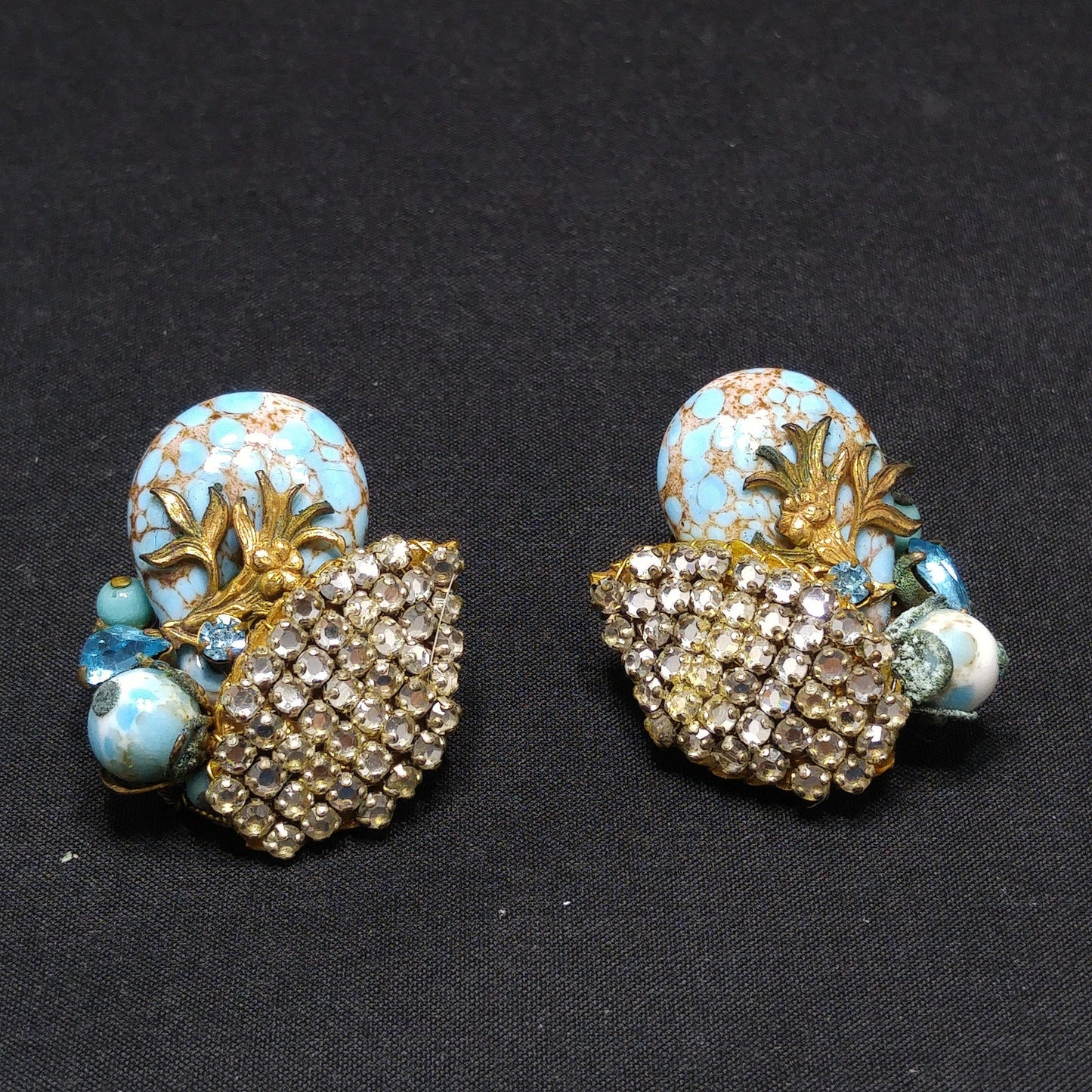 Eugene Rhinestone Art Glass Clip Earrings, Designed for Miriam Haskell, 1950s Vintage Jewelry