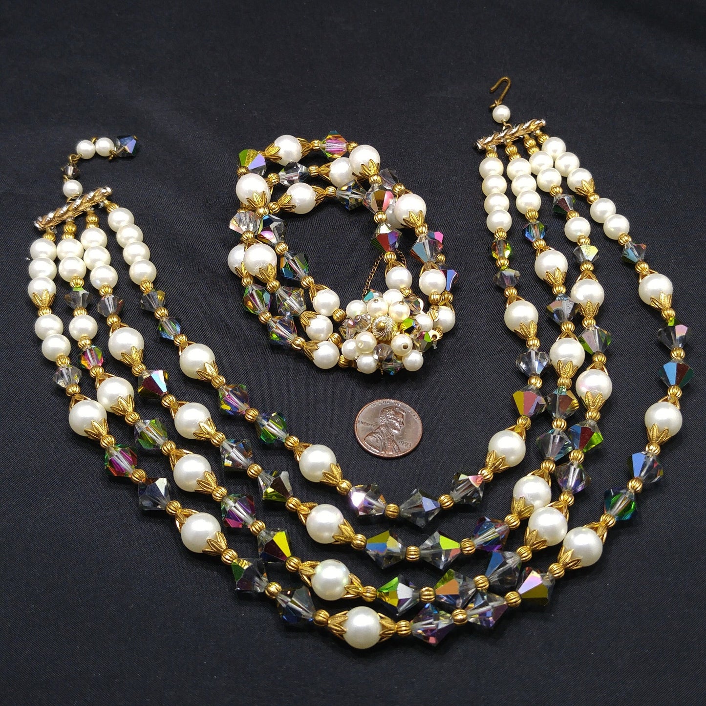Alice Caviness Necklace & Bracelet Set, Aurora Borealis Crystal Faux Pearl Beads, 1960s Vintage Jewelry