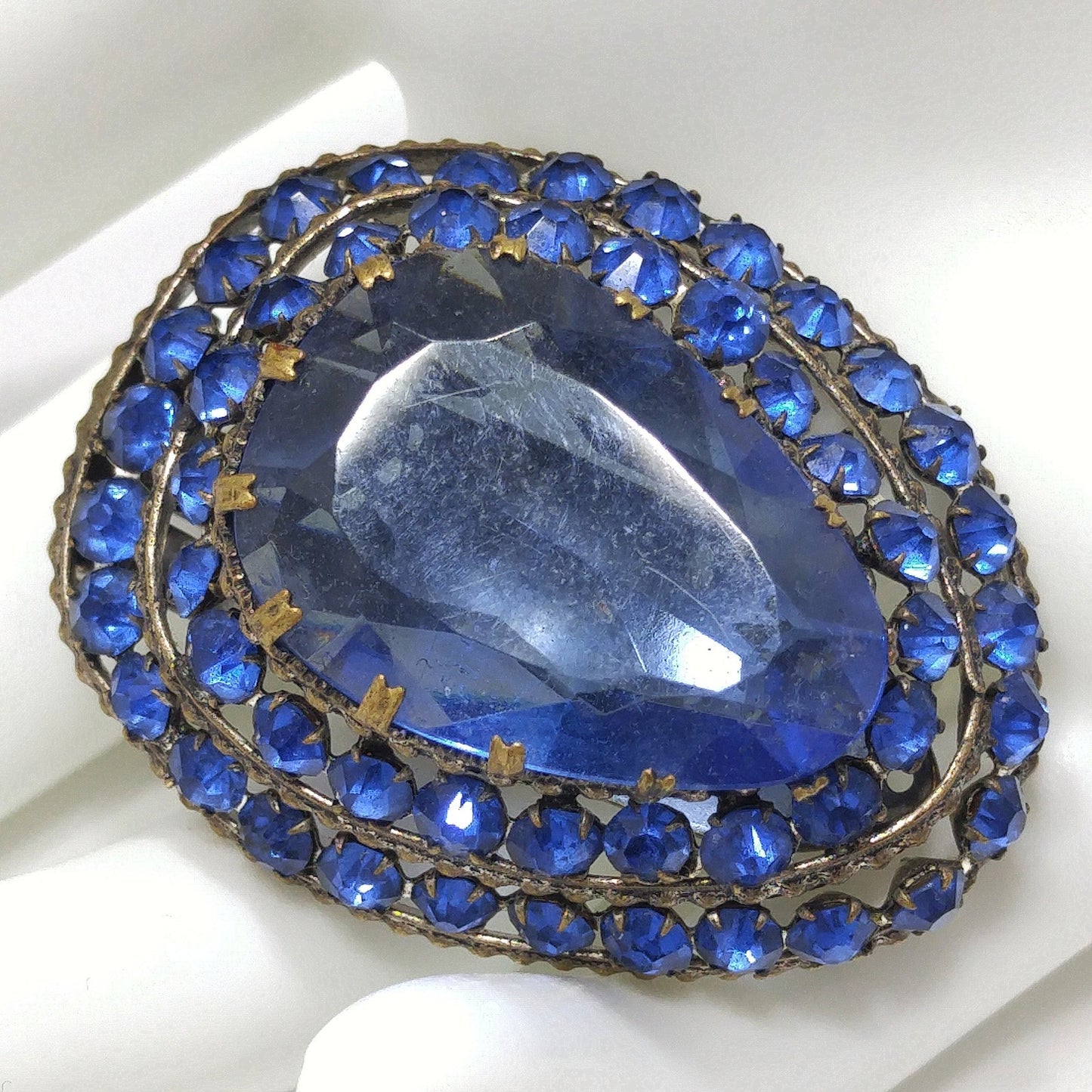 Czech Blue Glass & Rhinestone Dress Clip, 1940 Vintage Jewelry