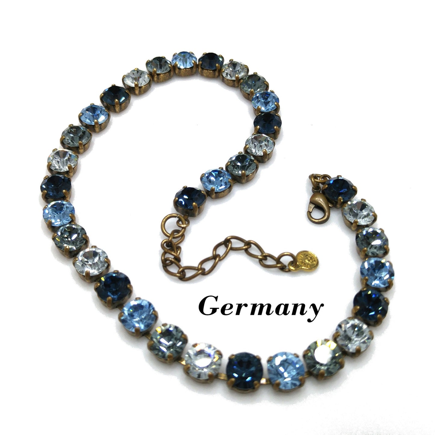 Germany Blue Rhinestone Necklace, Shades of Blue & Clear Crystals, 1990s Vintage Jewelry