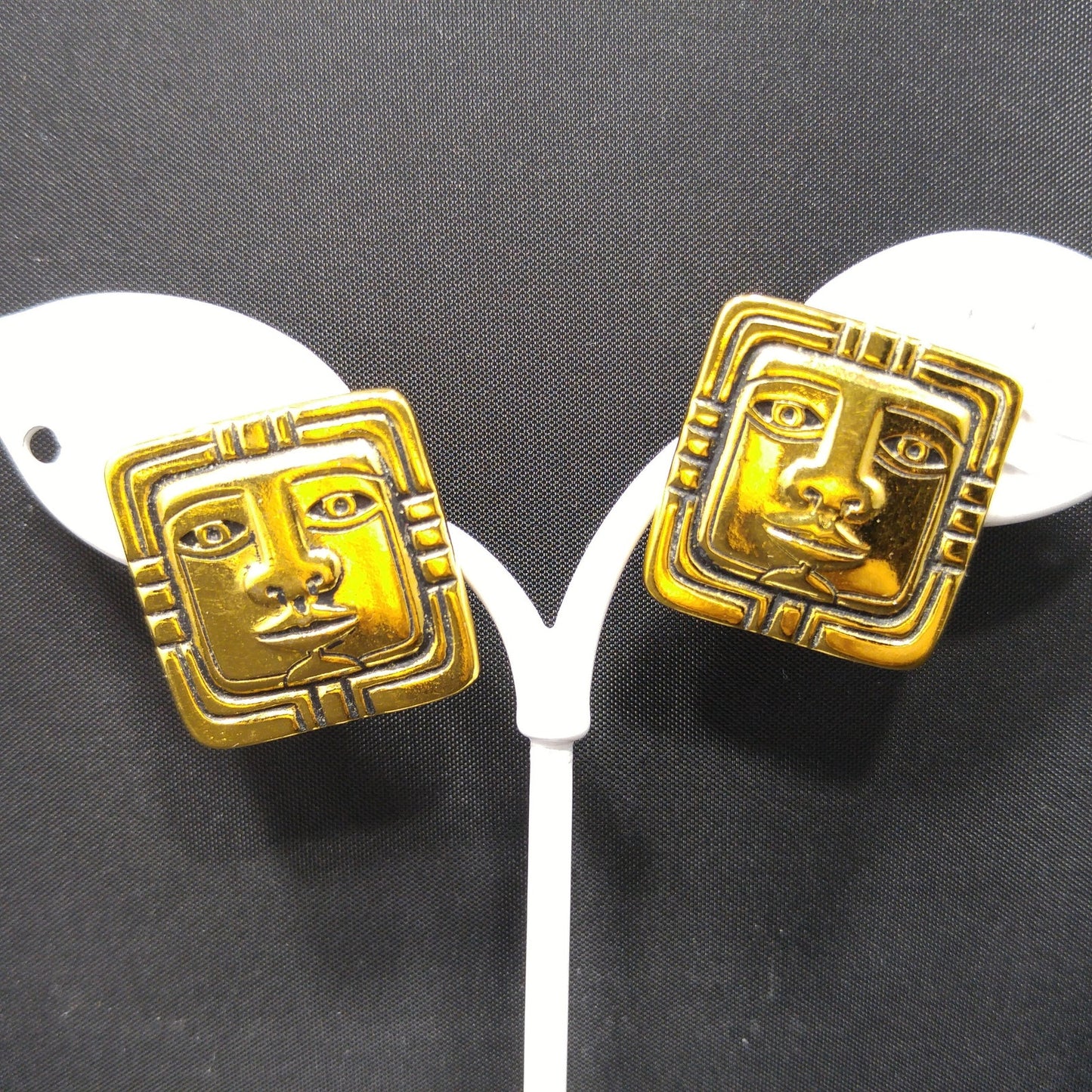 Vintage Laurel Burch Aztec Face Post Earrings, Gold Plated