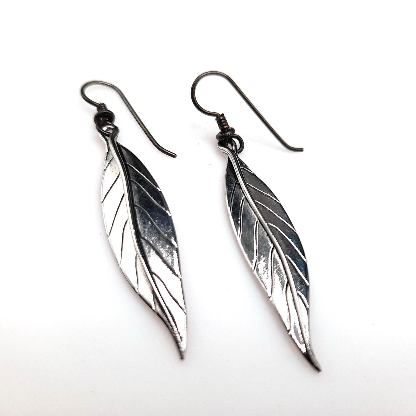 Vintage Laurel Burch Leaf Drop Earrings, Rhodium Plated Leaves