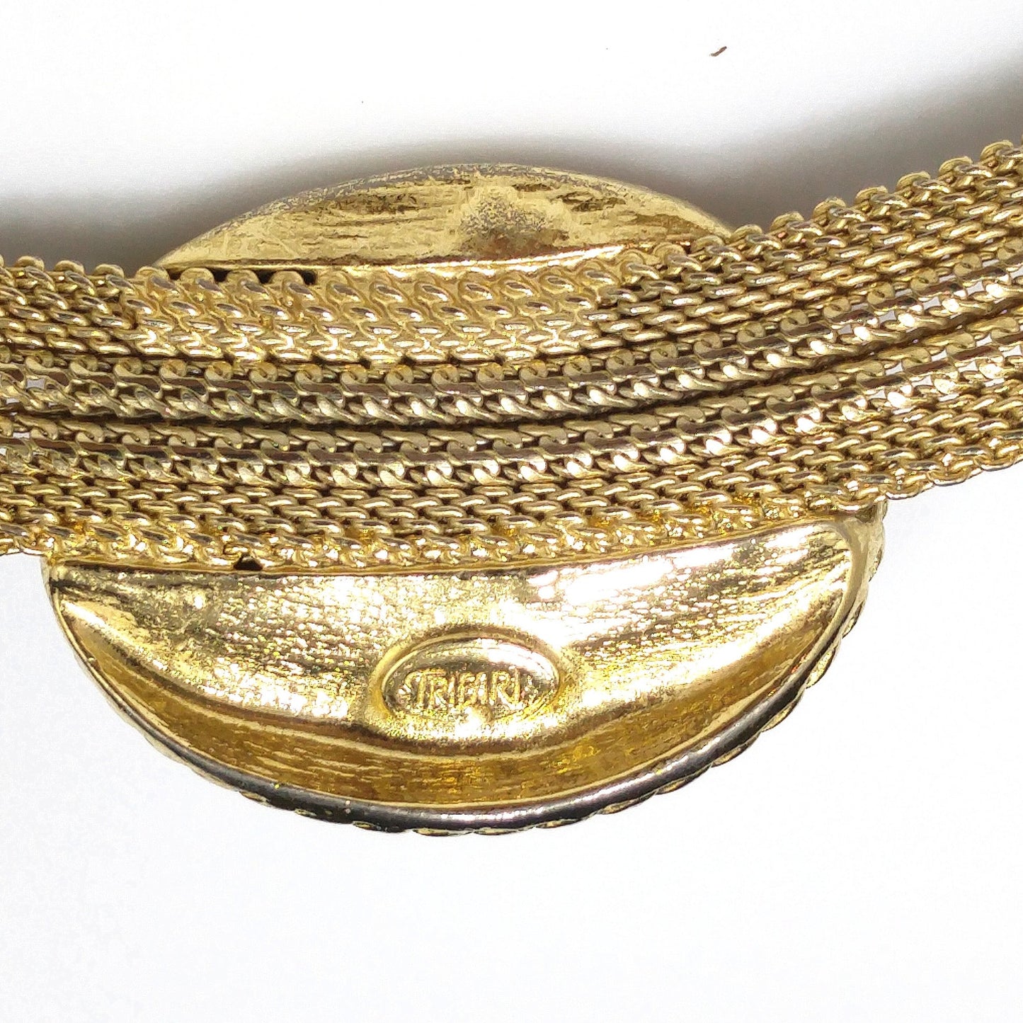 Trifari Orange Lucite Cabochon Necklace, Gold Plated Mesh, 1970s Vintage Jewelry