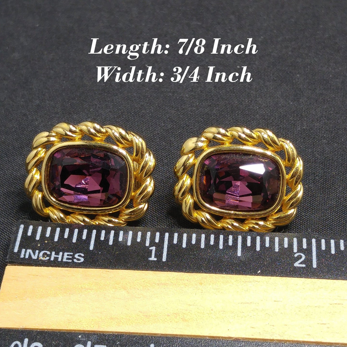 Swarovski S.A.L. Earrings, Purple Crystal Clip Ons, Gold Rope Design, 1970s Vintage Jewelry