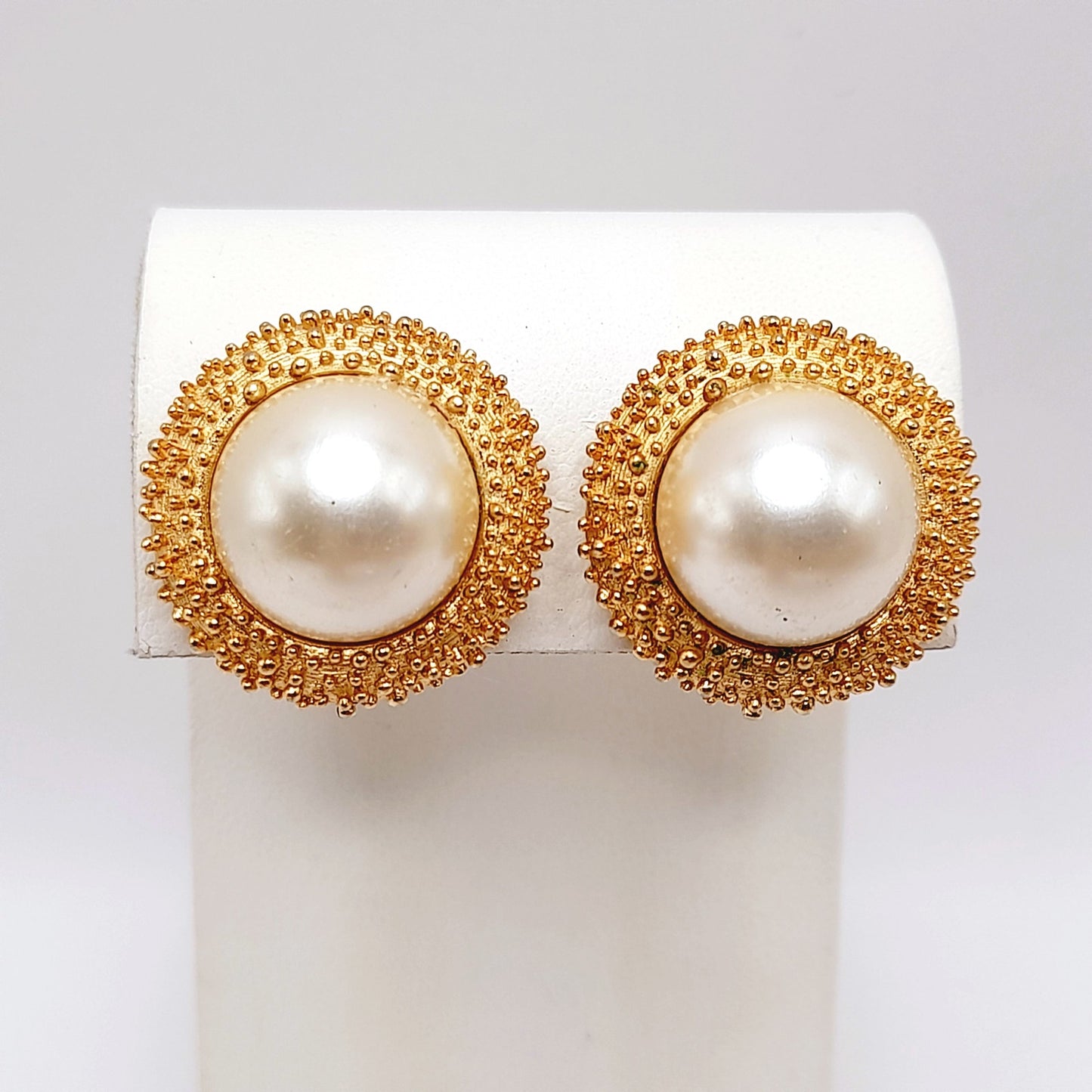 Vintage Crown Trifari Gold Clip Earrings, Brutalist Beaded Design w/ Faux Pearl