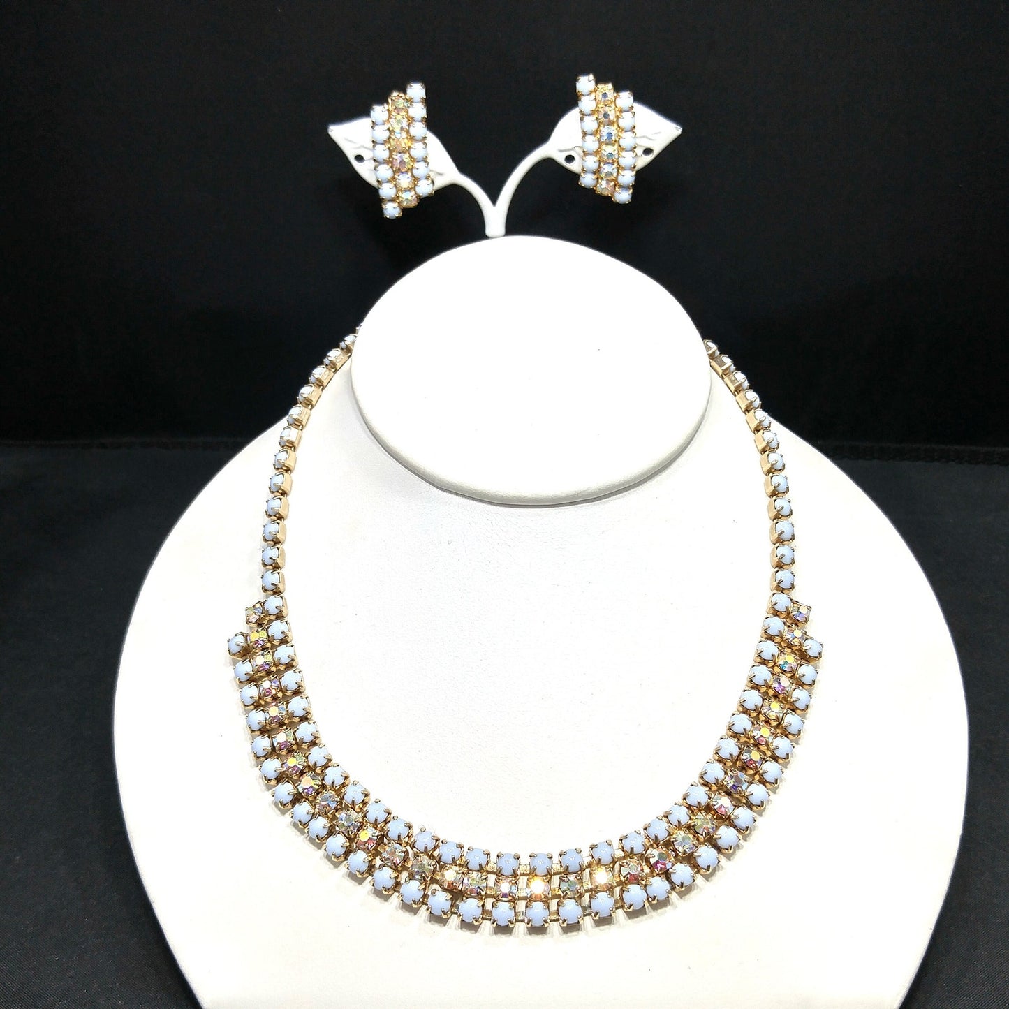 Aurora Borealis Rhinestone Necklace Earrings Set, Light Blue Cabochons, Mid Century, 1960s Vintage Jewelry