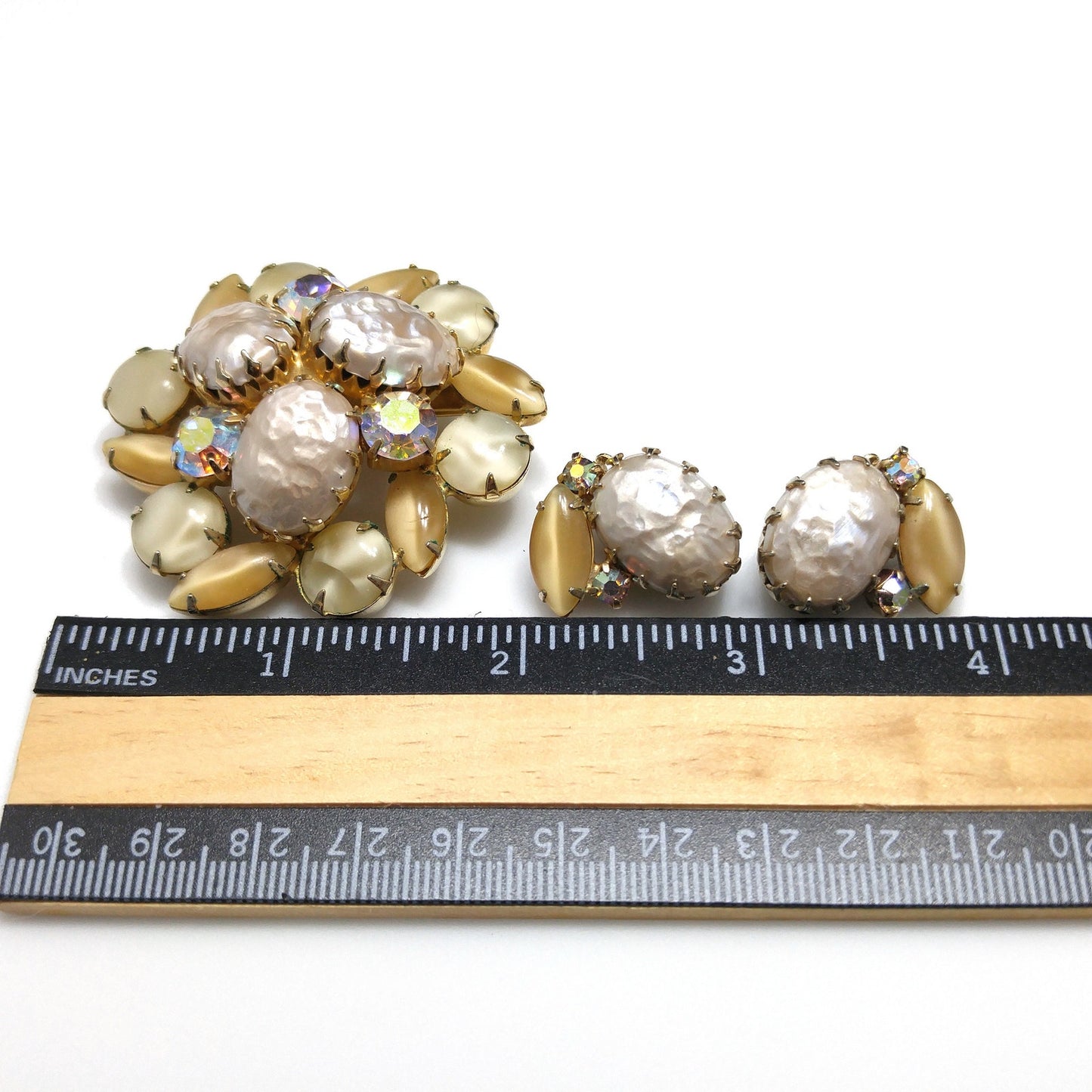 Faux Baroque Pearls AB Rhinestone Brooch Earrings, Gold Plated, 1960s Vintage Jewelry