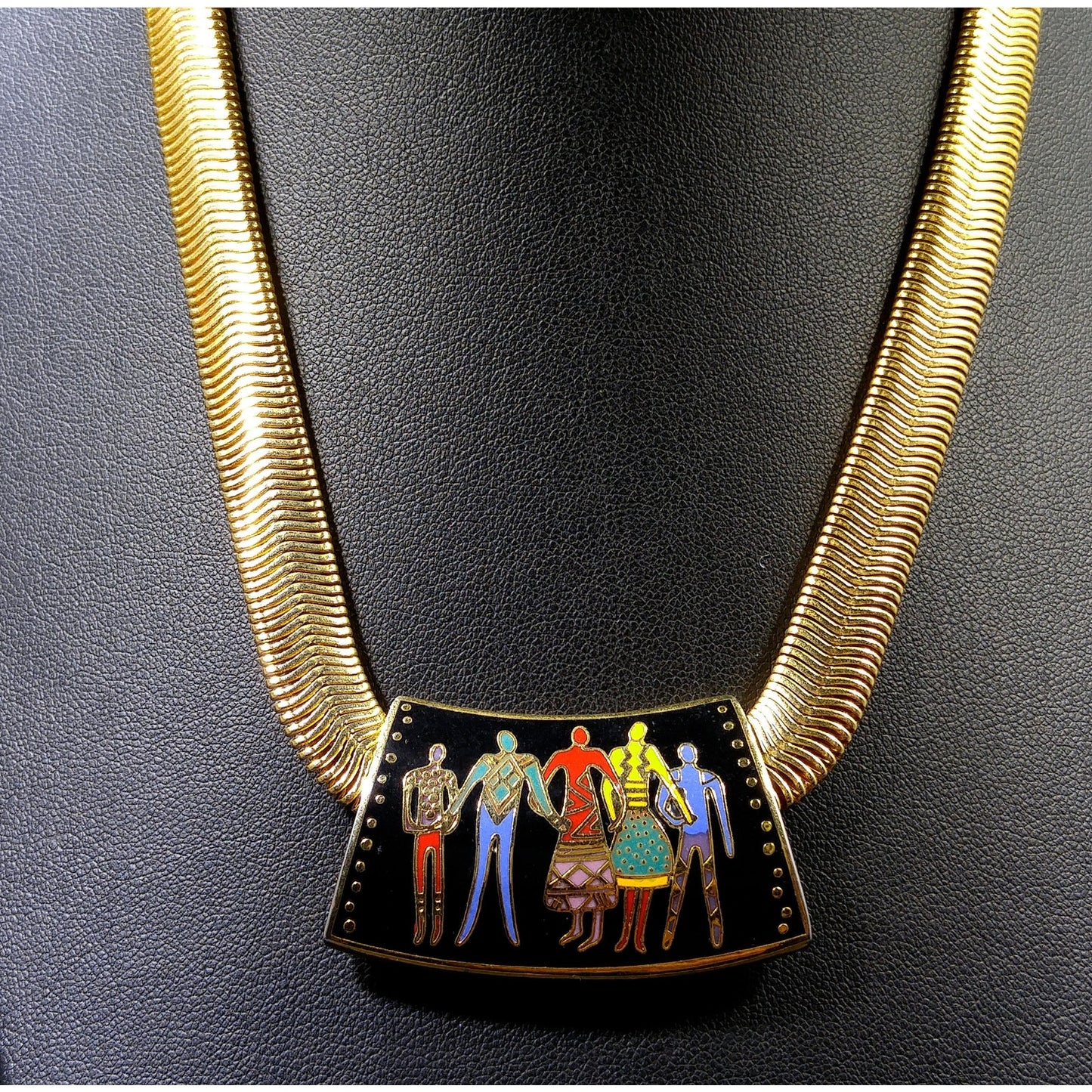 Laurel Burch "Familia" Cloisonne Necklace, Gold Plated Omega Chain, 1980s Vintage Jewelry