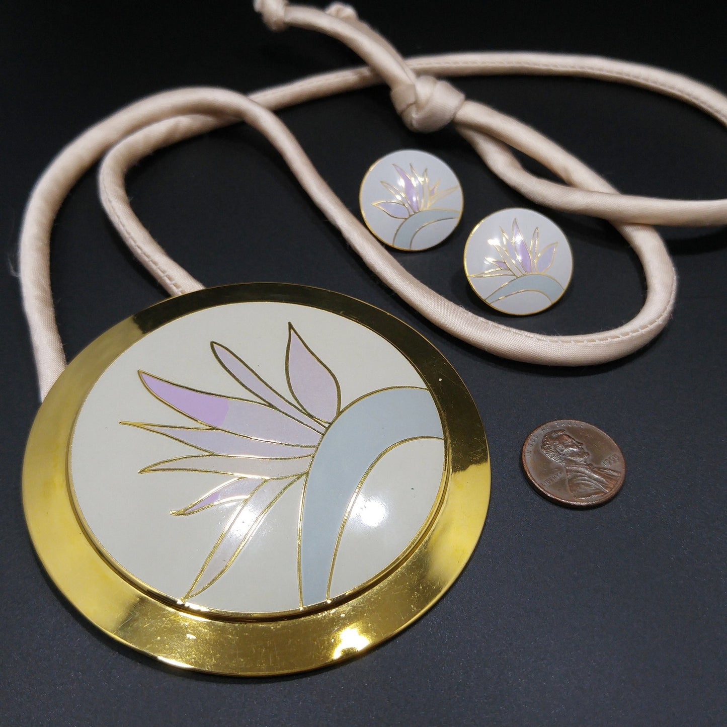 Laurel Burch "Bird of Paradise" Necklace & Earrings Set, Gold Plate Cloisonné Pastel Enamel, 1980s Vintage Jewelry