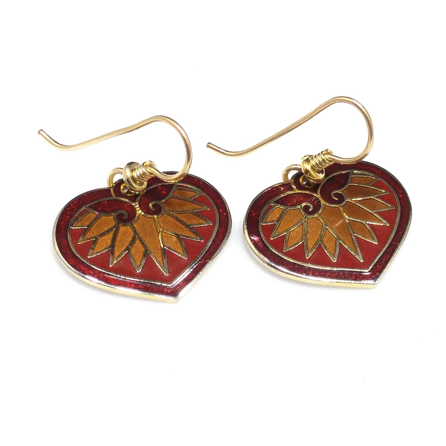 Vintage Laurel Burch Hollyhock Floral Earrings, Gold Plated Cloisonne, Red Enamel
