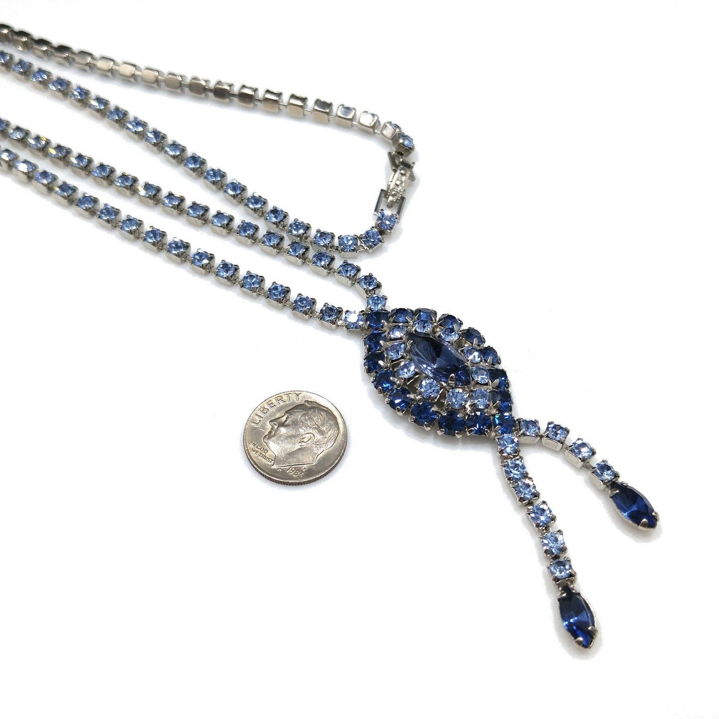 Mid Century Blue Rhinestone Rhodium Plated Necklace, Light & Dark Blue Rhinestones, 1960s Vintage Jewelry