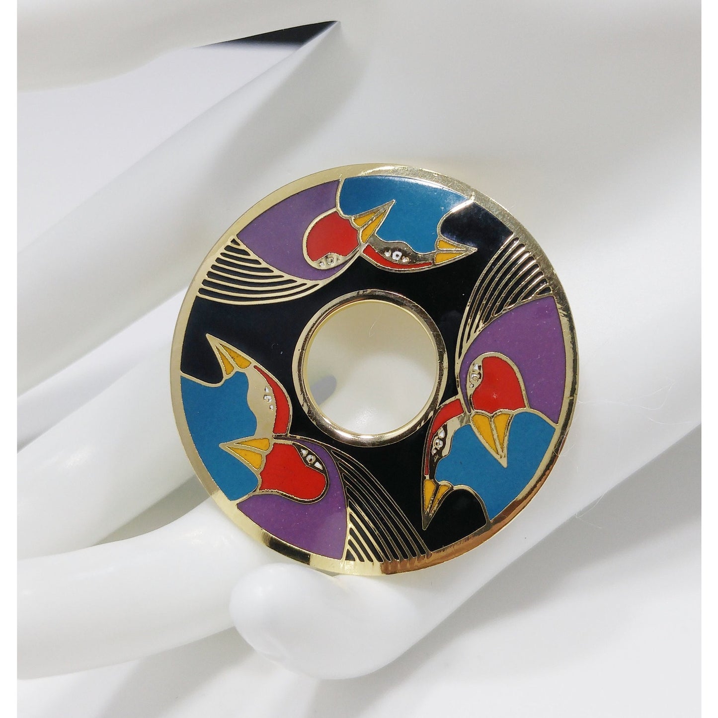 Laurel Burch "Birds of Santorini" Brooch, Cloisonné & Enamel, 1980s Vintage Jewelry