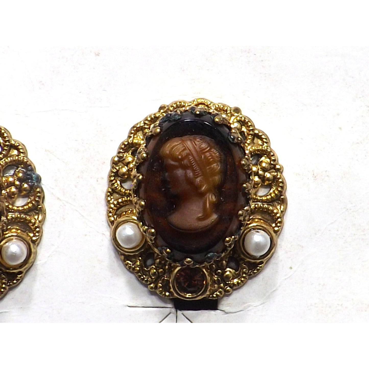 West Germany Cameo Clip Earrings, Original Card, Faux Pearls, 1950s Vintage Jewelry