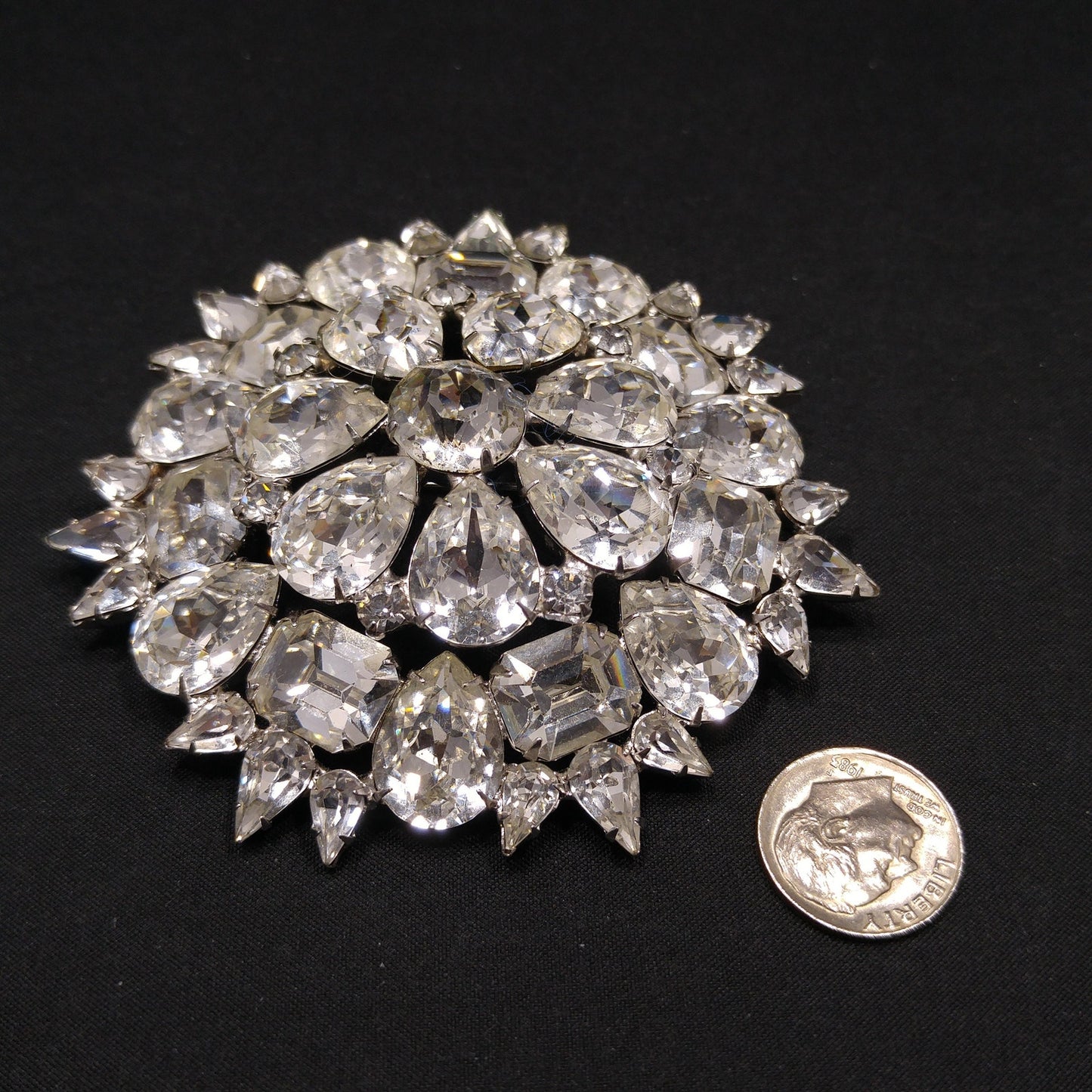Vintage Weiss Large Clear Floral Brooch, Rhodium Plate, 1950s